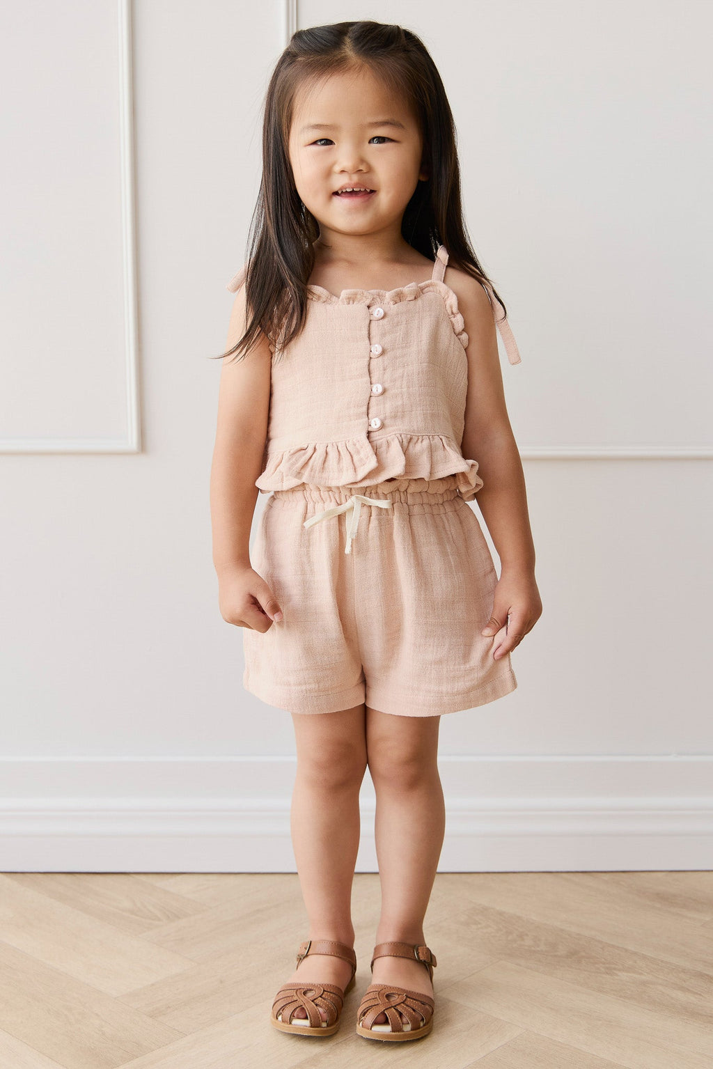 Short en mousseline de coton biologique uni rose crayeux aéré pour fille, léger et respirant, idéal pour l'été (1 an-10 ans)