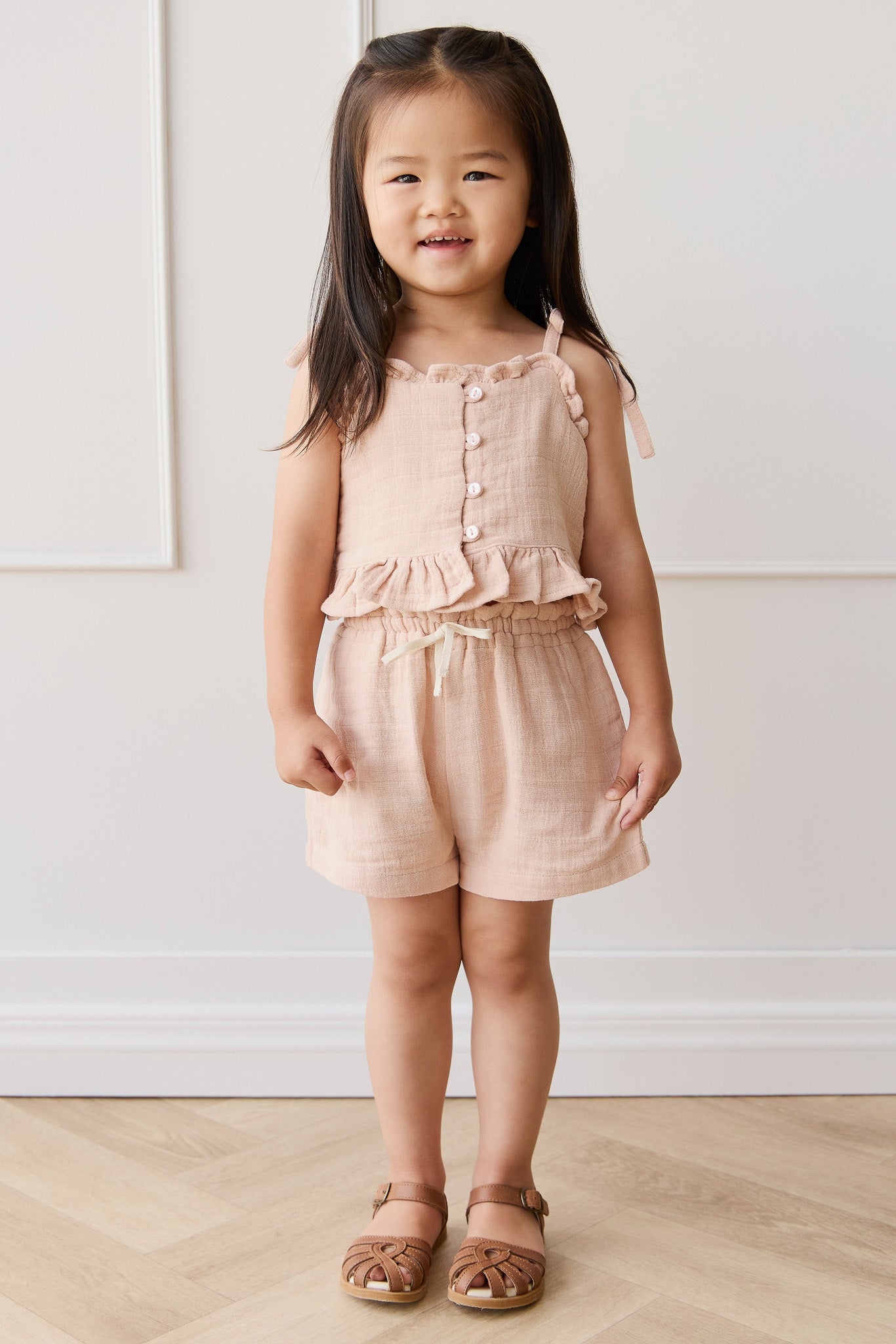 Short en mousseline de coton biologique uni rose crayeux aéré pour fille, léger et respirant, idéal pour l'été (1 an-10 ans)