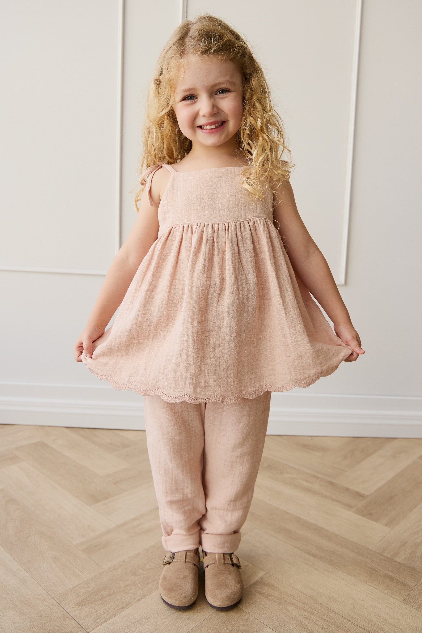 Haut en mousseline de coton biologique rose crayeux uni aéré pour filles, léger et respirant, idéal pour superposer en été (6 mois-10 ans)