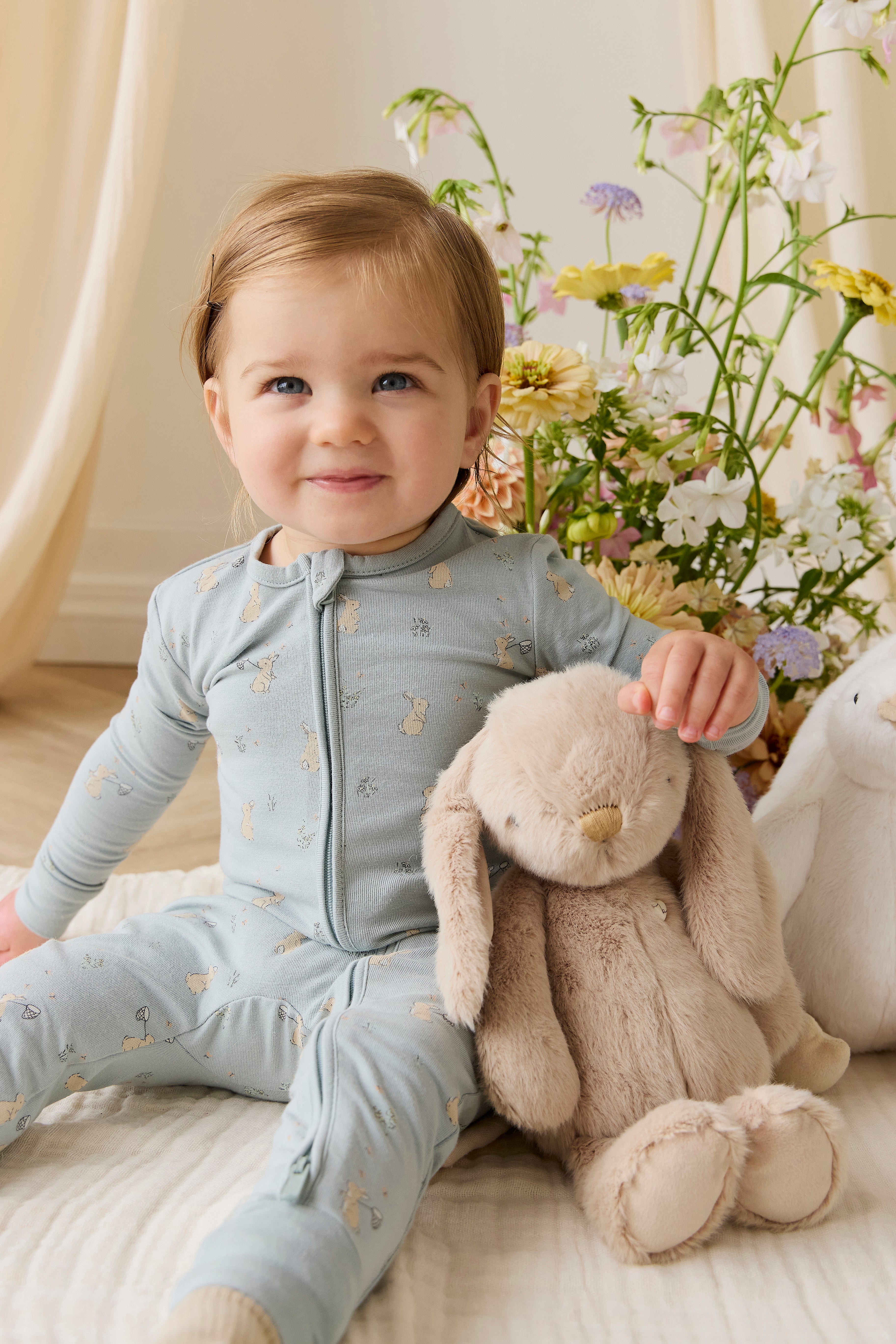 Combinaison Une-pièce en coton biologique et élasthanne à imprimé Lapin Bleu Fantaisiste avec fermeture Éclair intégrale sur le devant pour Bébé au quotidien (0-3 ans)