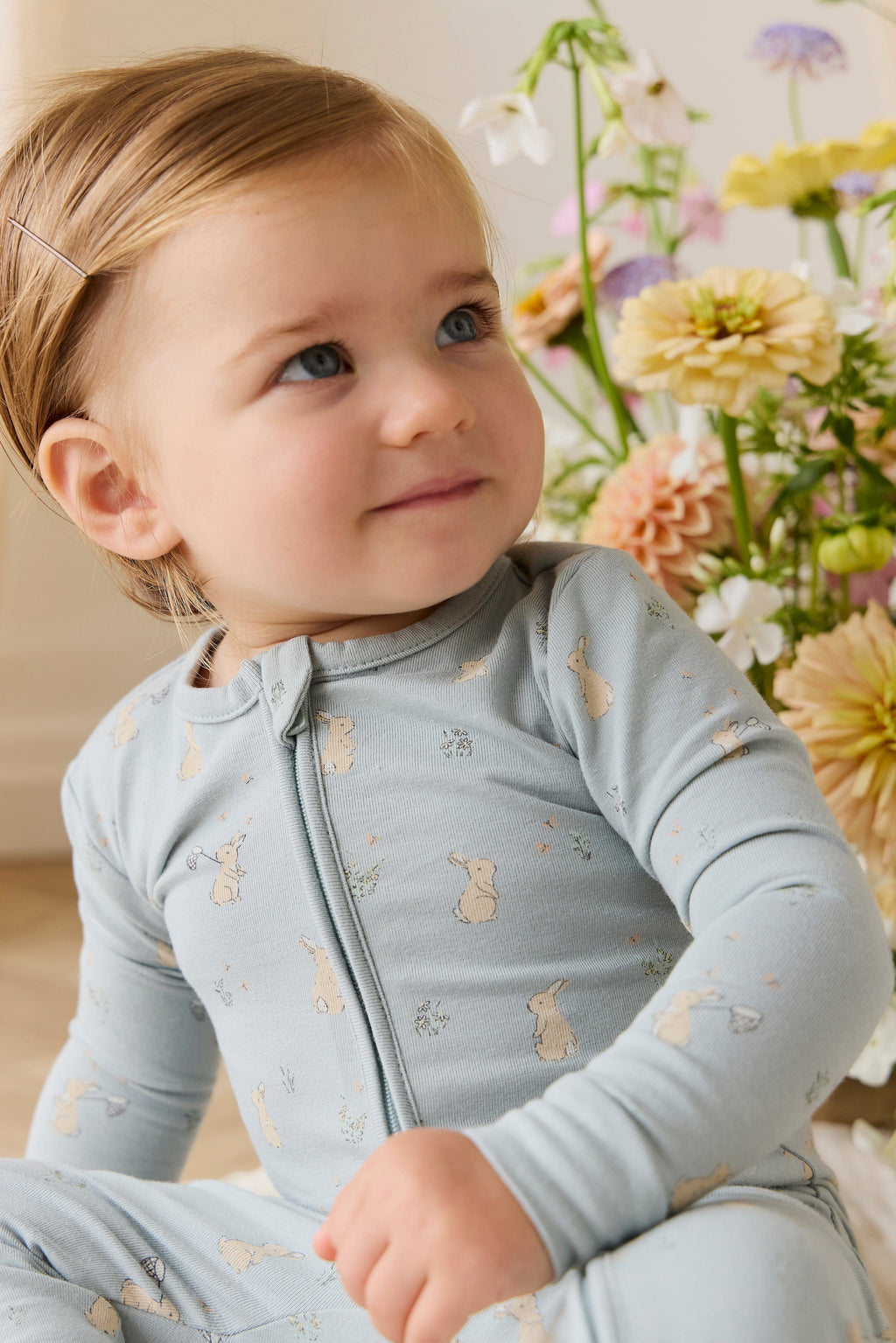 Combinaison Une-pièce en coton biologique et élasthanne à imprimé Lapin Bleu Fantaisiste avec fermeture Éclair intégrale sur le devant pour Bébé au quotidien (0-3 ans)