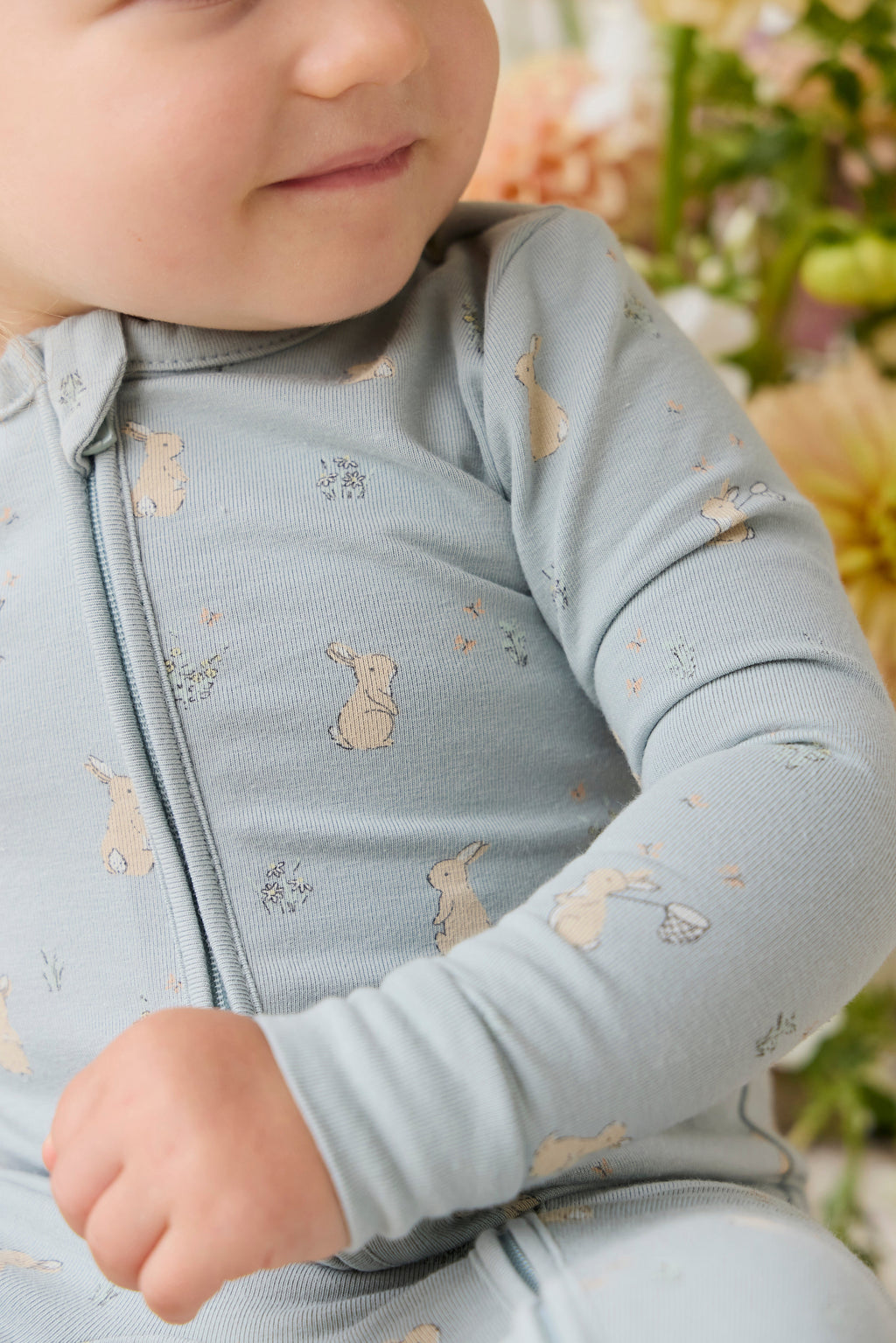 Combinaison Une-pièce en coton biologique et élasthanne à imprimé Lapin Bleu Fantaisiste avec fermeture Éclair intégrale sur le devant pour Bébé au quotidien (0-3 ans)