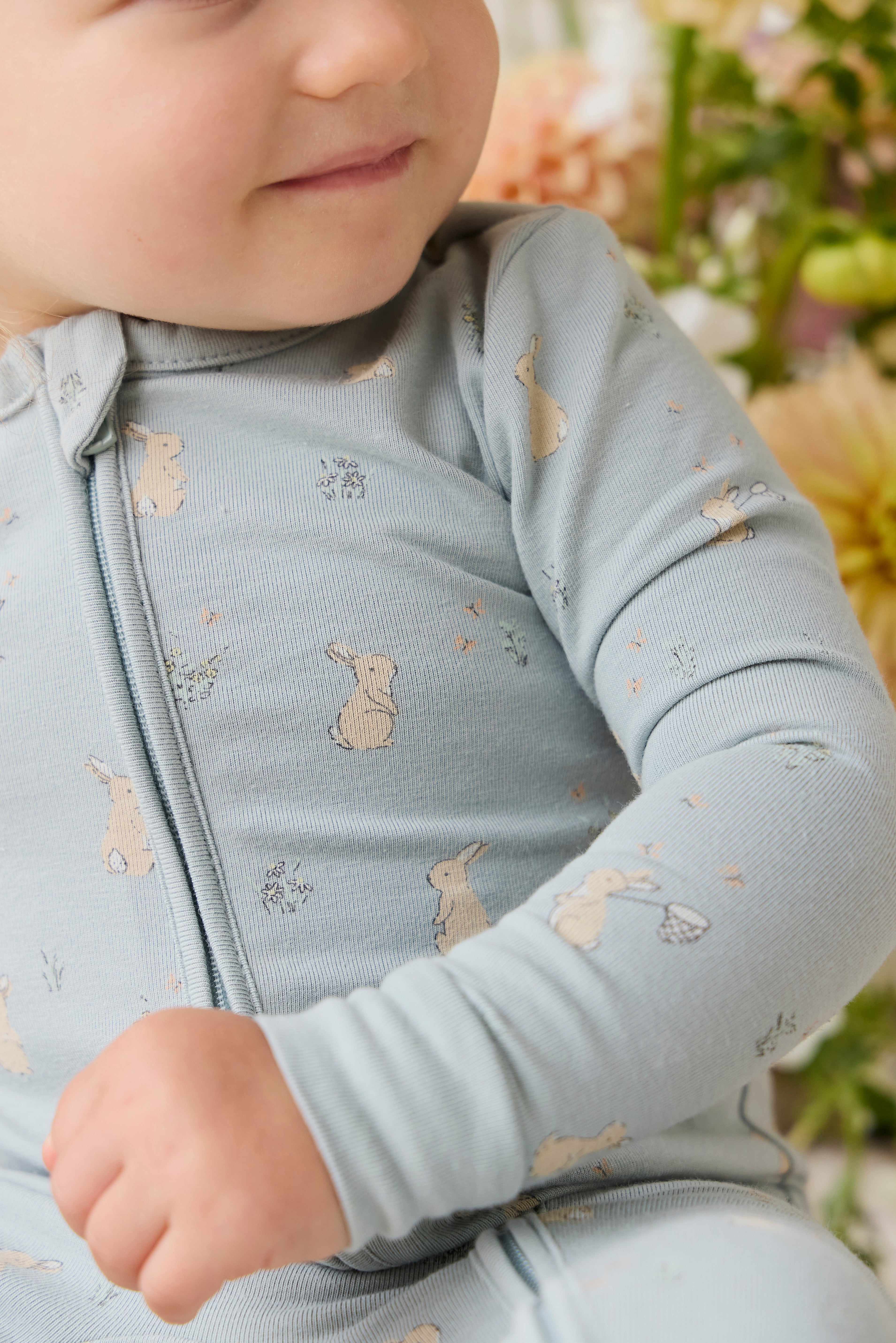 Combinaison Une-pièce en coton biologique et élasthanne à imprimé Lapin Bleu Fantaisiste avec fermeture Éclair intégrale sur le devant pour Bébé au quotidien (0-3 ans)