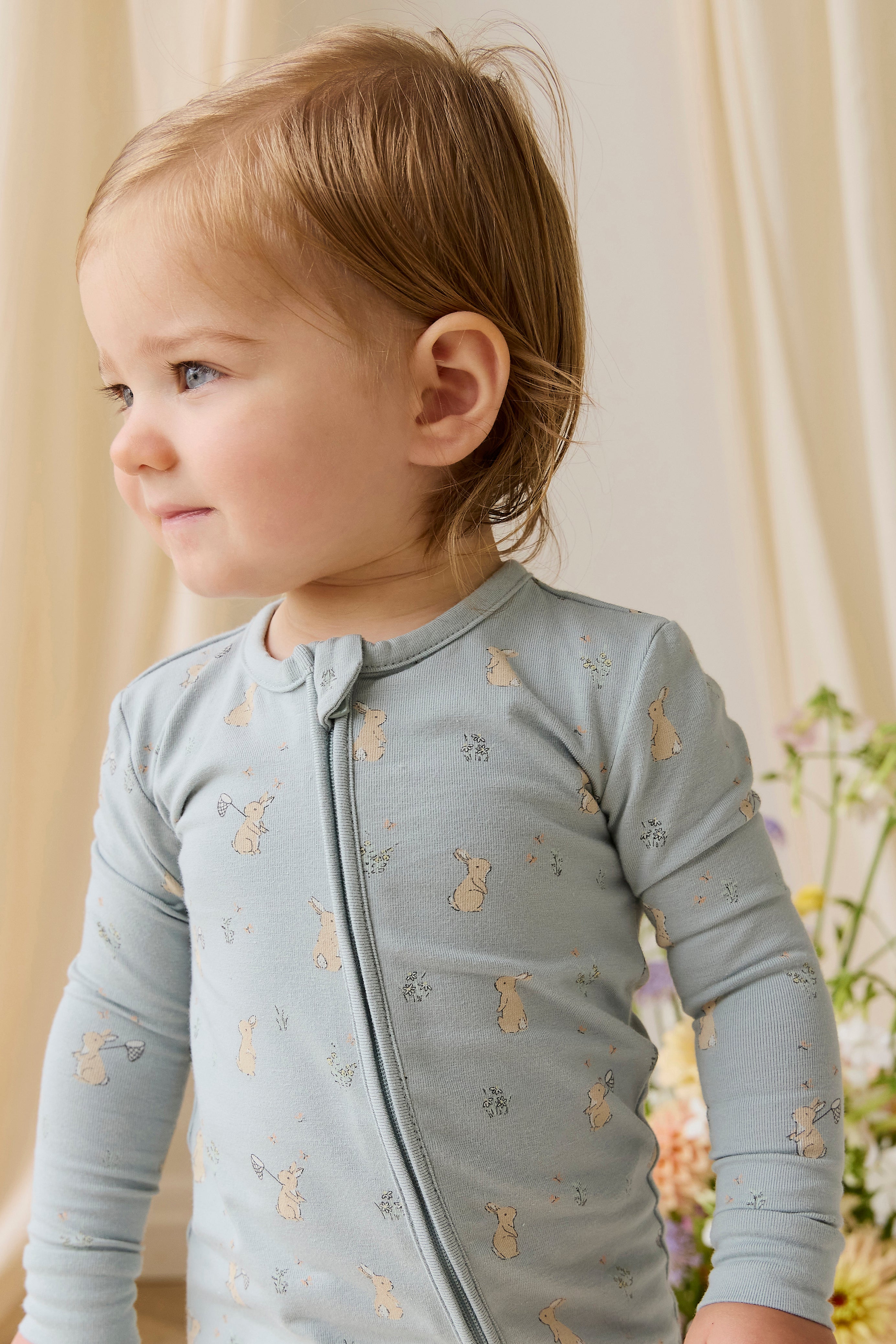 Combinaison Une-pièce en coton biologique et élasthanne à imprimé Lapin Bleu Fantaisiste avec fermeture Éclair intégrale sur le devant pour Bébé au quotidien (0-3 ans)