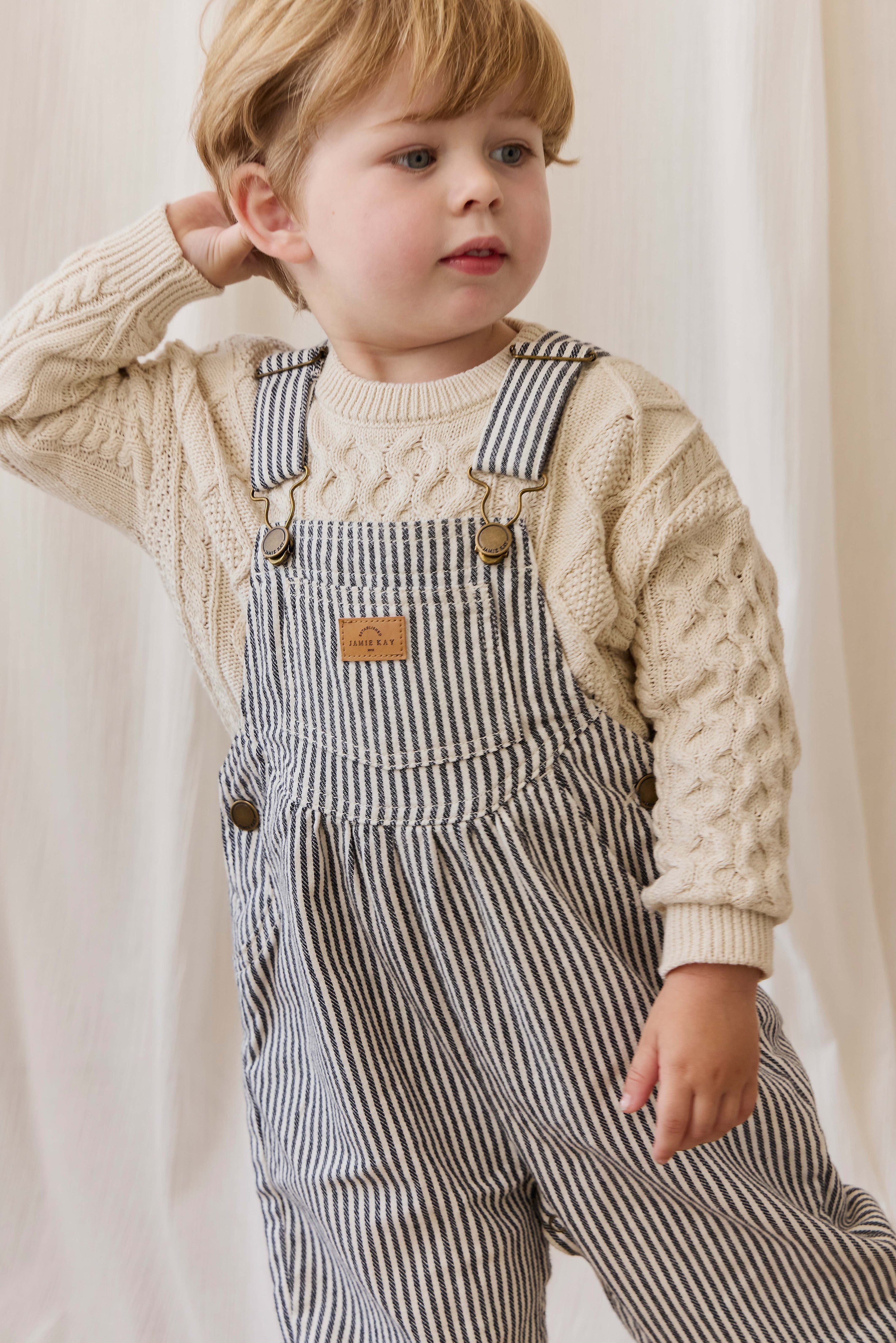 Salopette rayée bleu marine et nuage en coton-élasthanne avec accessoires sans nickel et bretelles réglables pour garçons et filles (6 mois-8 ans)