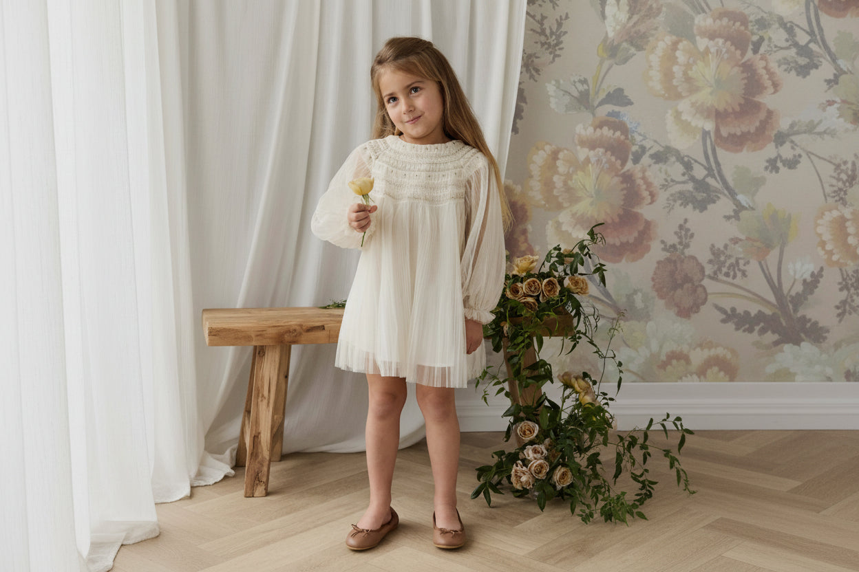 Robe Douce Ivoire Rêveuse Thème Ange des Neiges en Polyester-Coton Doublé avec Manches Longues Transparentes et Superposition Frôncée pour Fêtes Filles (6M–8Y)