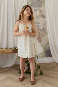 Robe à fines bretelles et jupe froncée en coton biologique imprimé floral « Crème de Jardin & Lavande » pour filles, idéale pour les sorties estivales (6M-10A)