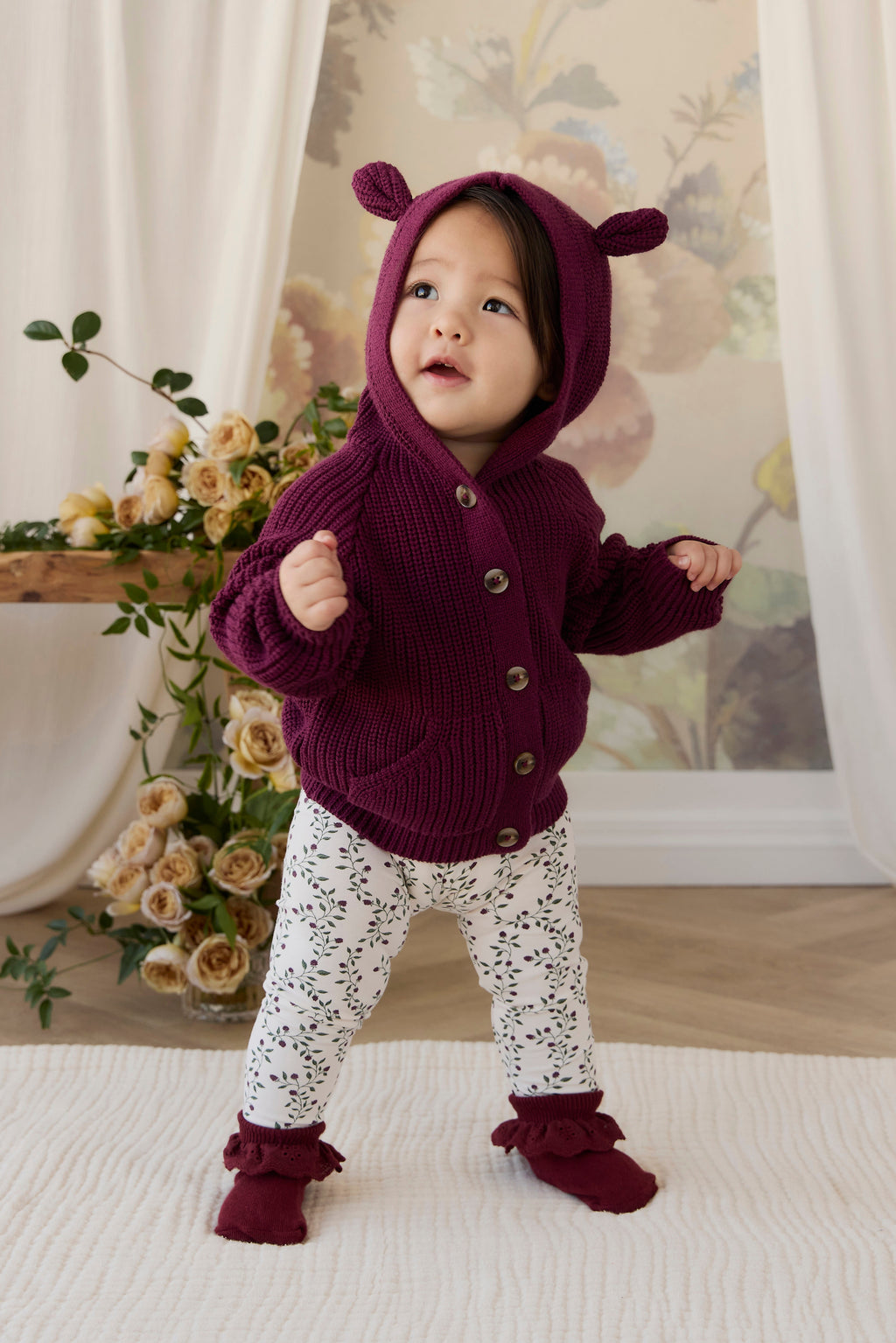 Legging Fille en Coton Bio-Élasthanne Imprimé Mûrier Floral Crème Botanique avec Taille Élastique pour Tous Les Jours (6M–8A)