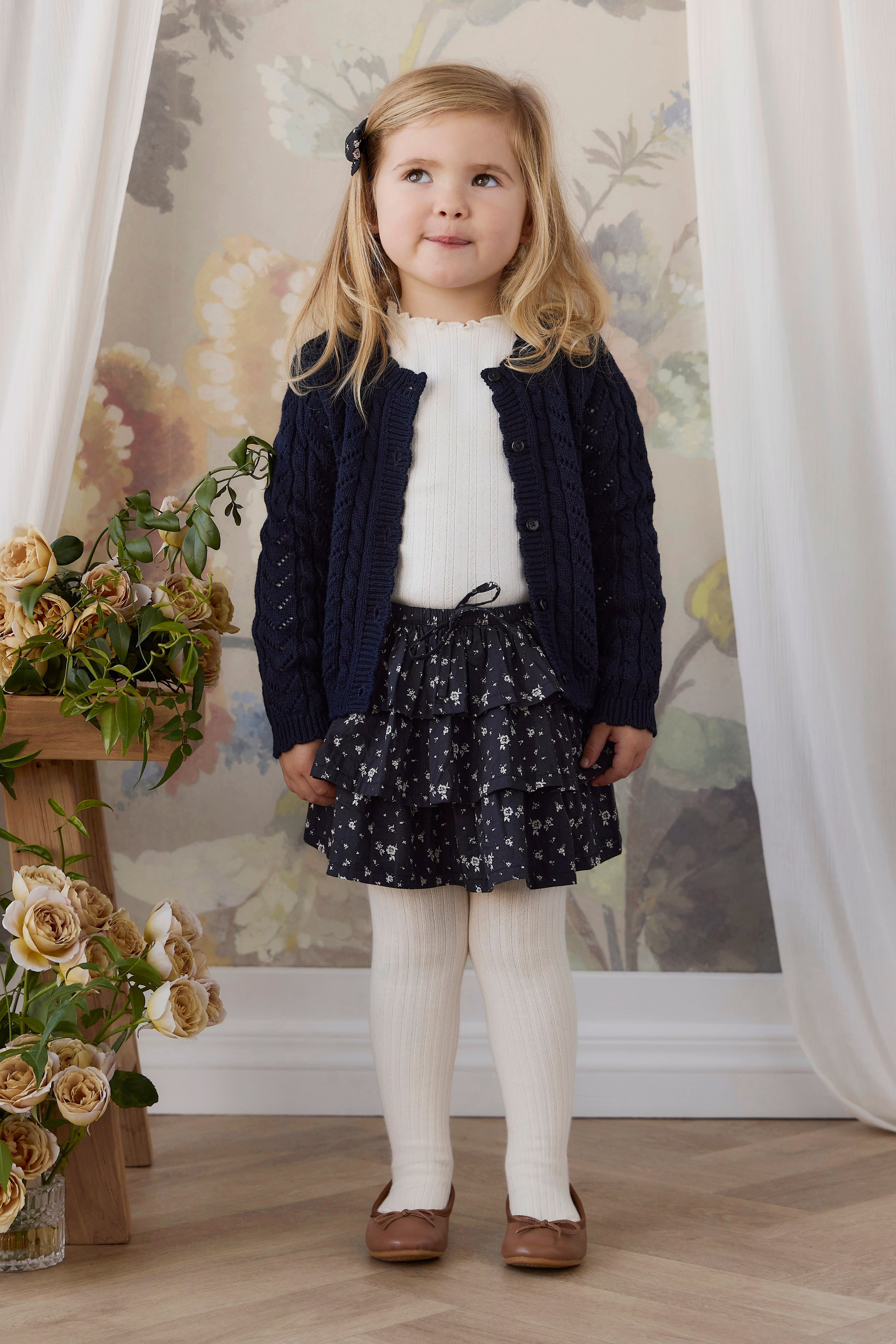 Jupe étagée en coton biologique à imprimé floral diffus Botanical Graphite avec volants et taille élastiquée à nouer pour filles Printemps-Été (1-10 ans)