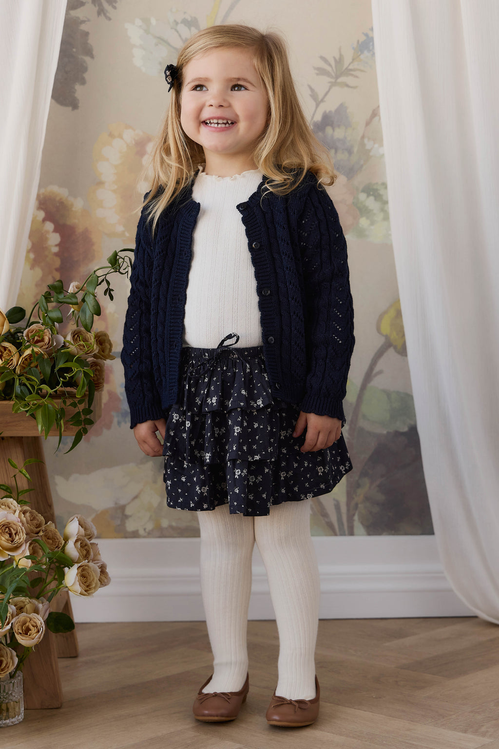 Jupe étagée en coton biologique à imprimé floral diffus Botanical Graphite avec volants et taille élastiquée à nouer pour filles Printemps-Été (1-10 ans)