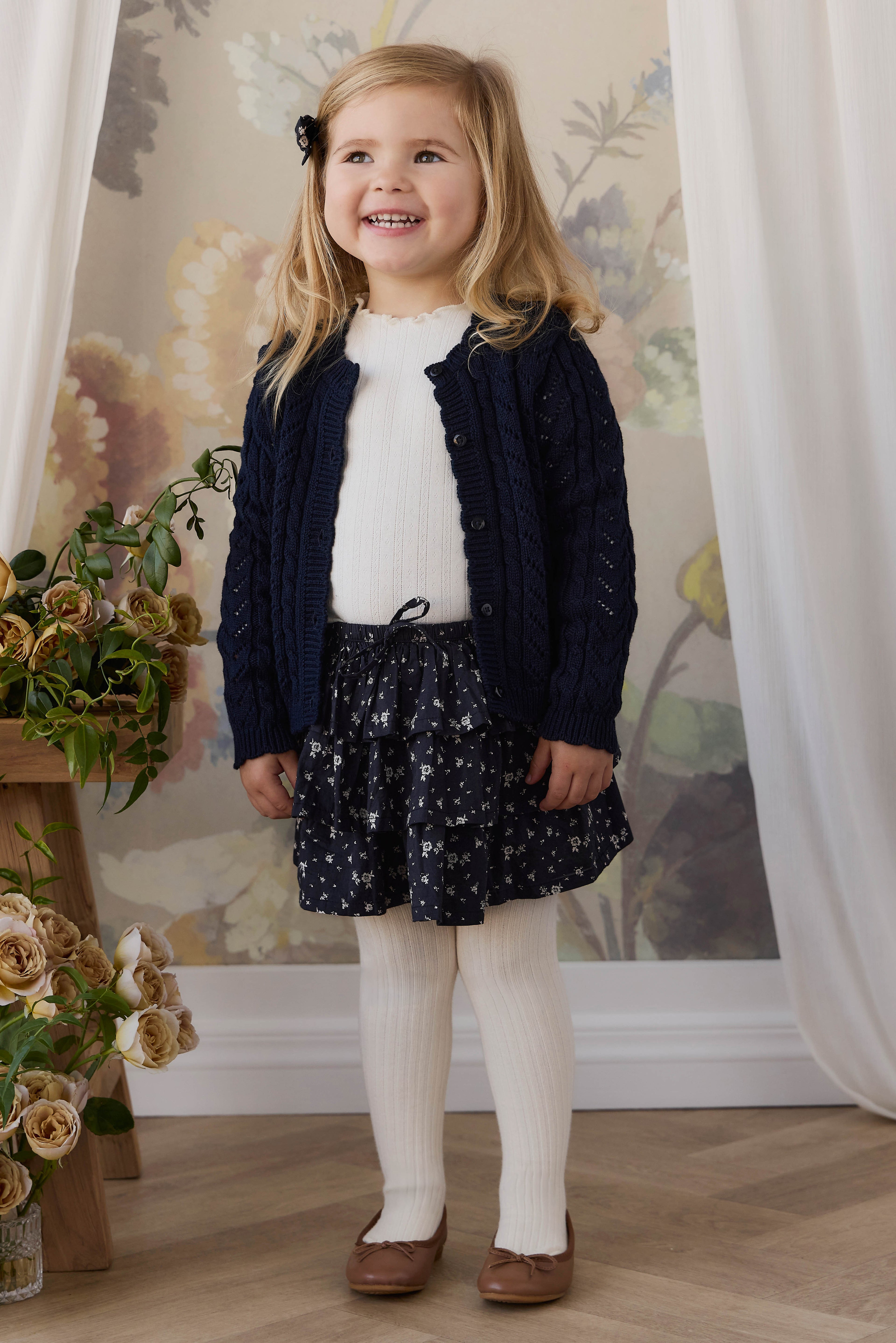 Jupe étagée en coton biologique à imprimé floral diffus Botanical Graphite avec volants et taille élastiquée à nouer pour filles Printemps-Été (1-10 ans)