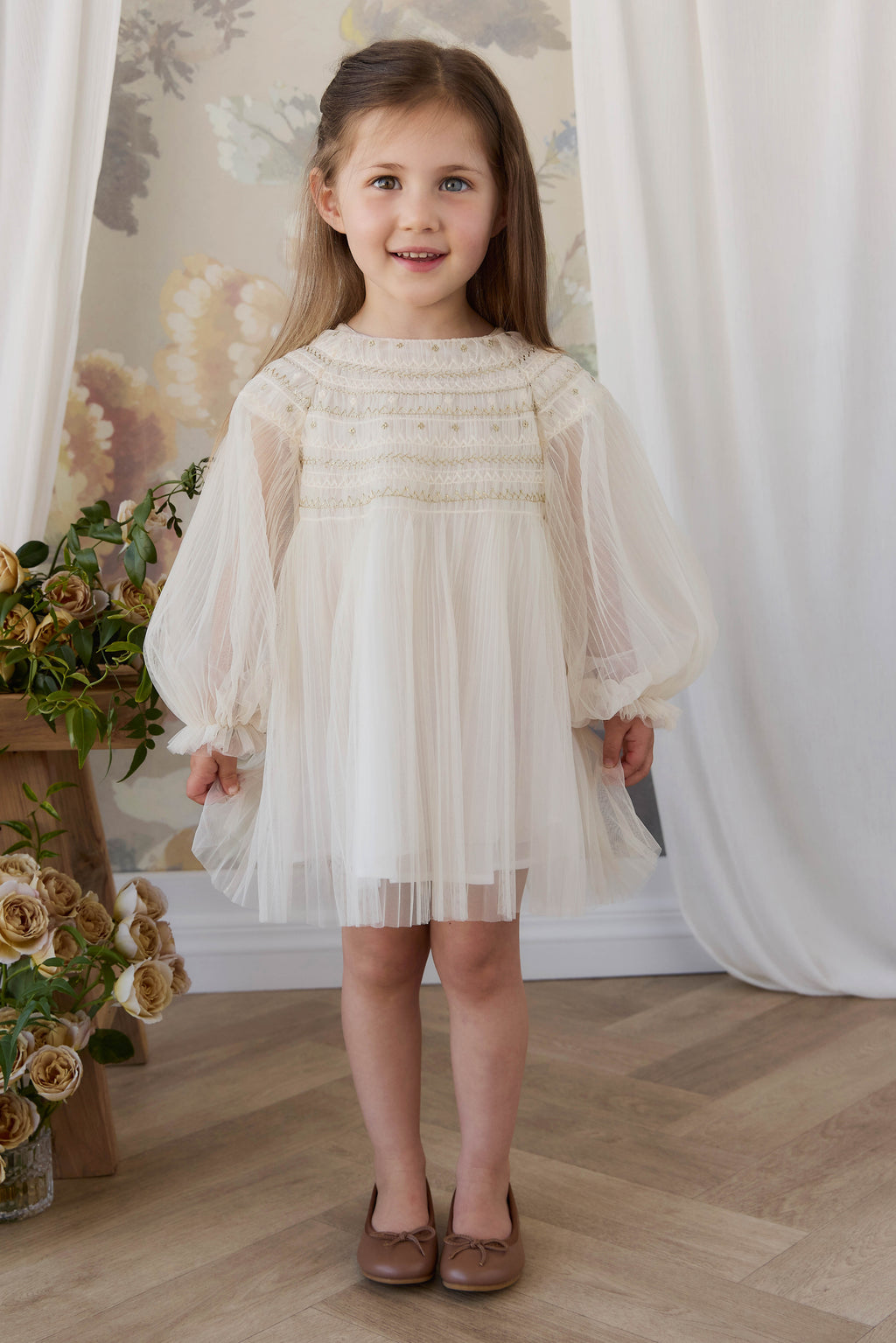 Robe Douce Ivoire Rêveuse Thème Ange des Neiges en Polyester-Coton Doublé avec Manches Longues Transparentes et Superposition Frôncée pour Fêtes Filles (6M–8Y)