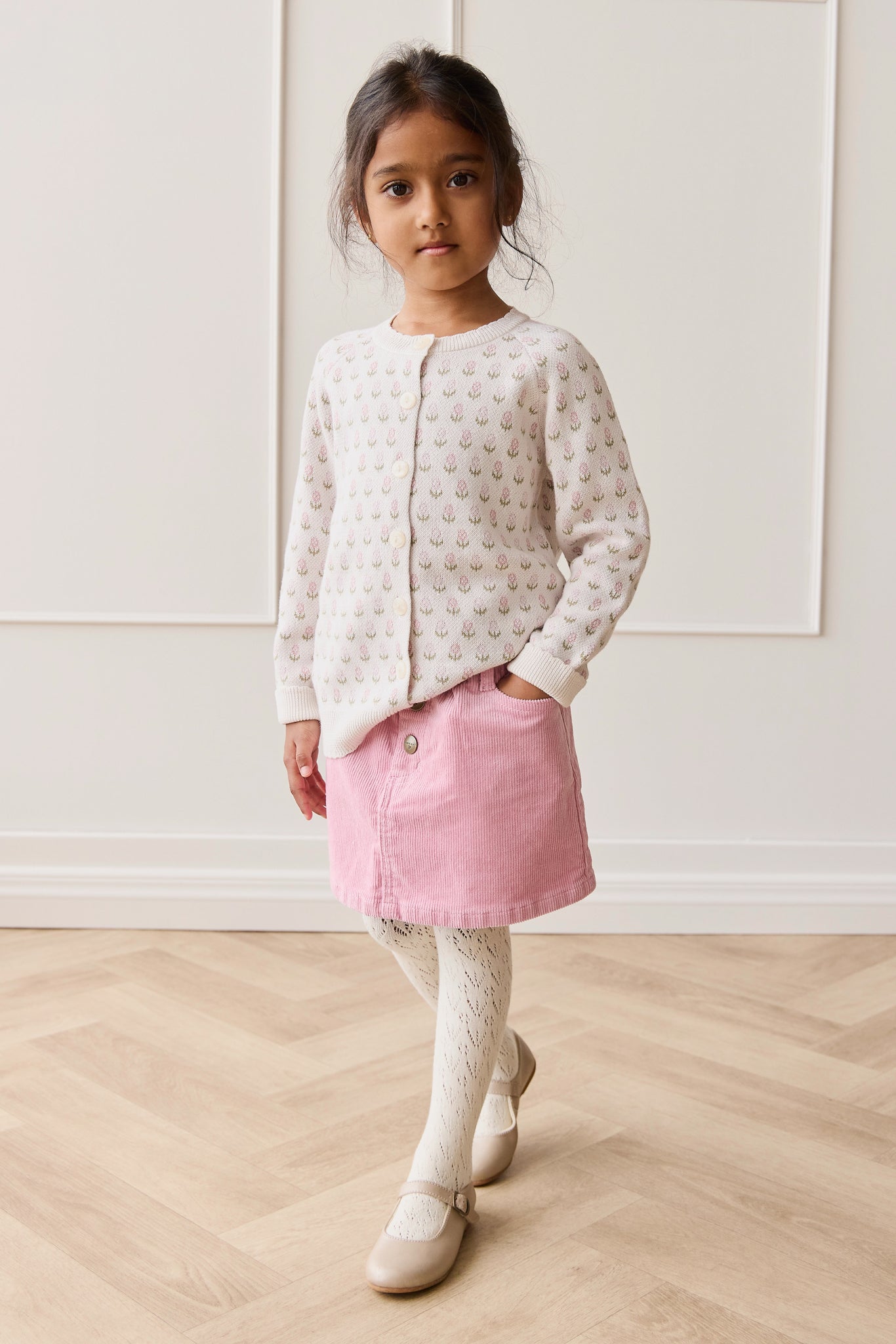 Jupe en coton et élasthanne imprimé Dahlia floral multicolore avec taille élastiquée pour filles, usage quotidien printemps-été (1 an – 10 ans)