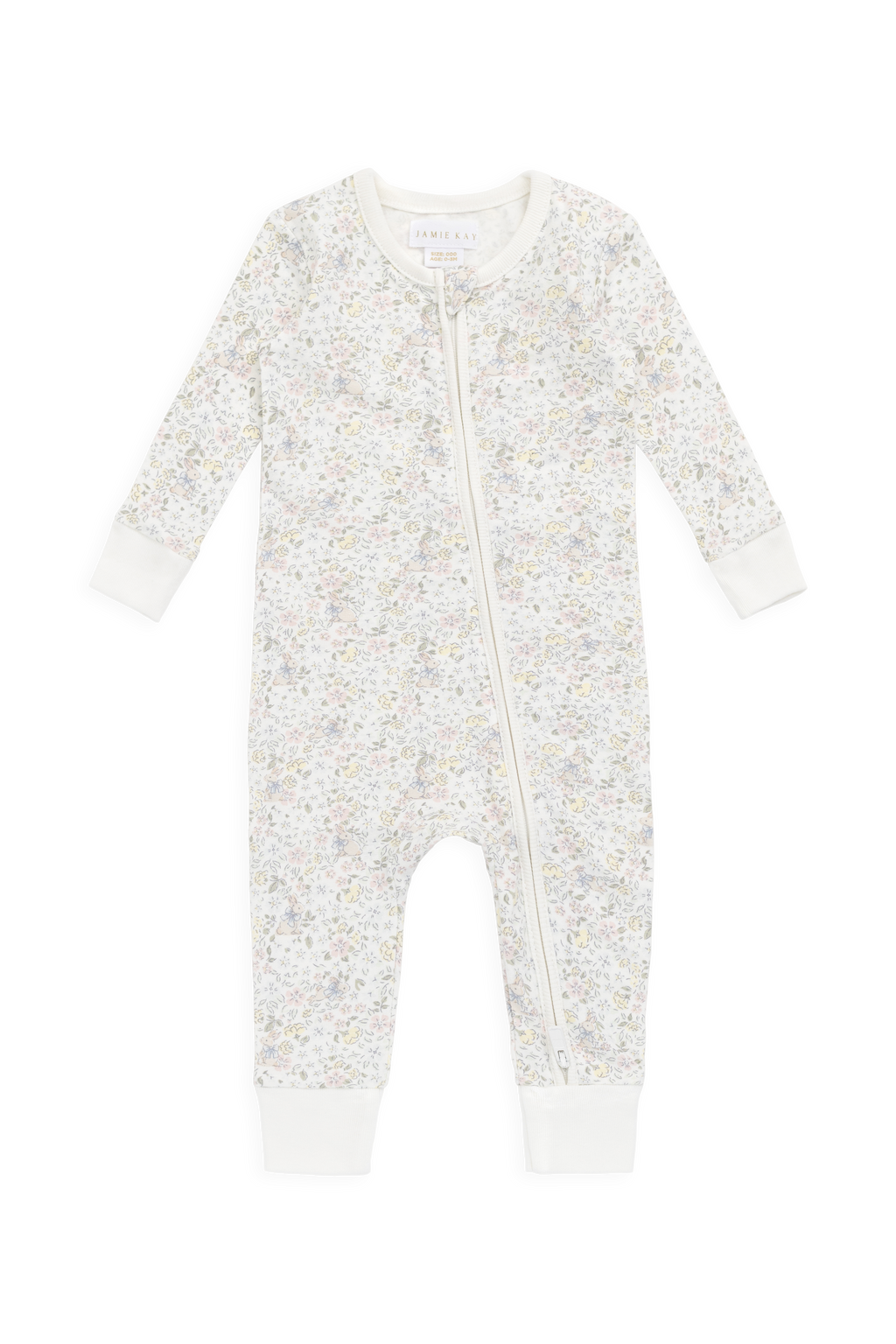 Barboteuse en coton biologique et élasthanne à motif floral délicat et neutre, avec fermeture éclair avant sur toute la longueur, pour le quotidien de bébé (0-3 ans)