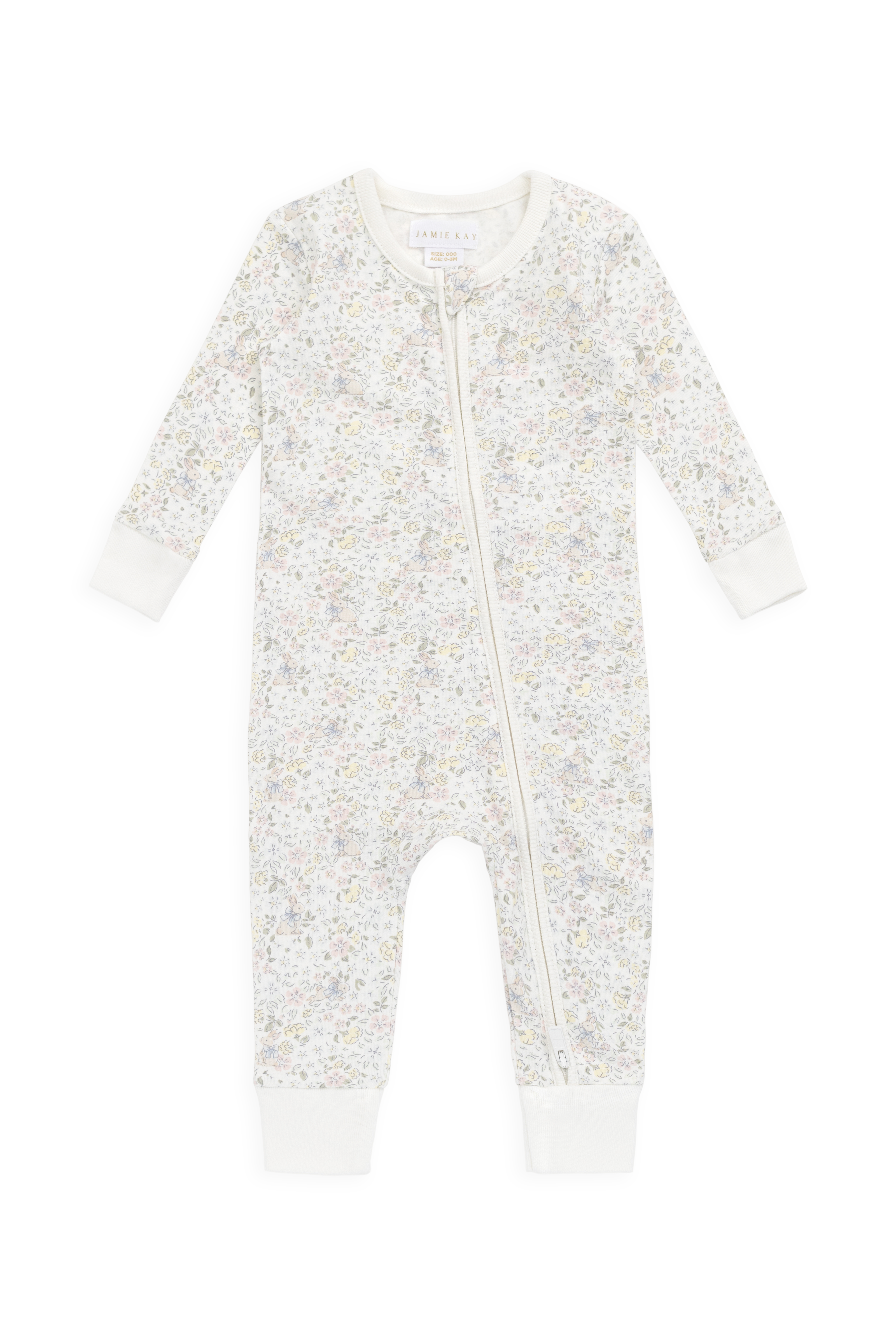 Barboteuse en coton biologique et élasthanne à motif floral délicat et neutre, avec fermeture éclair avant sur toute la longueur, pour le quotidien de bébé (0-3 ans)