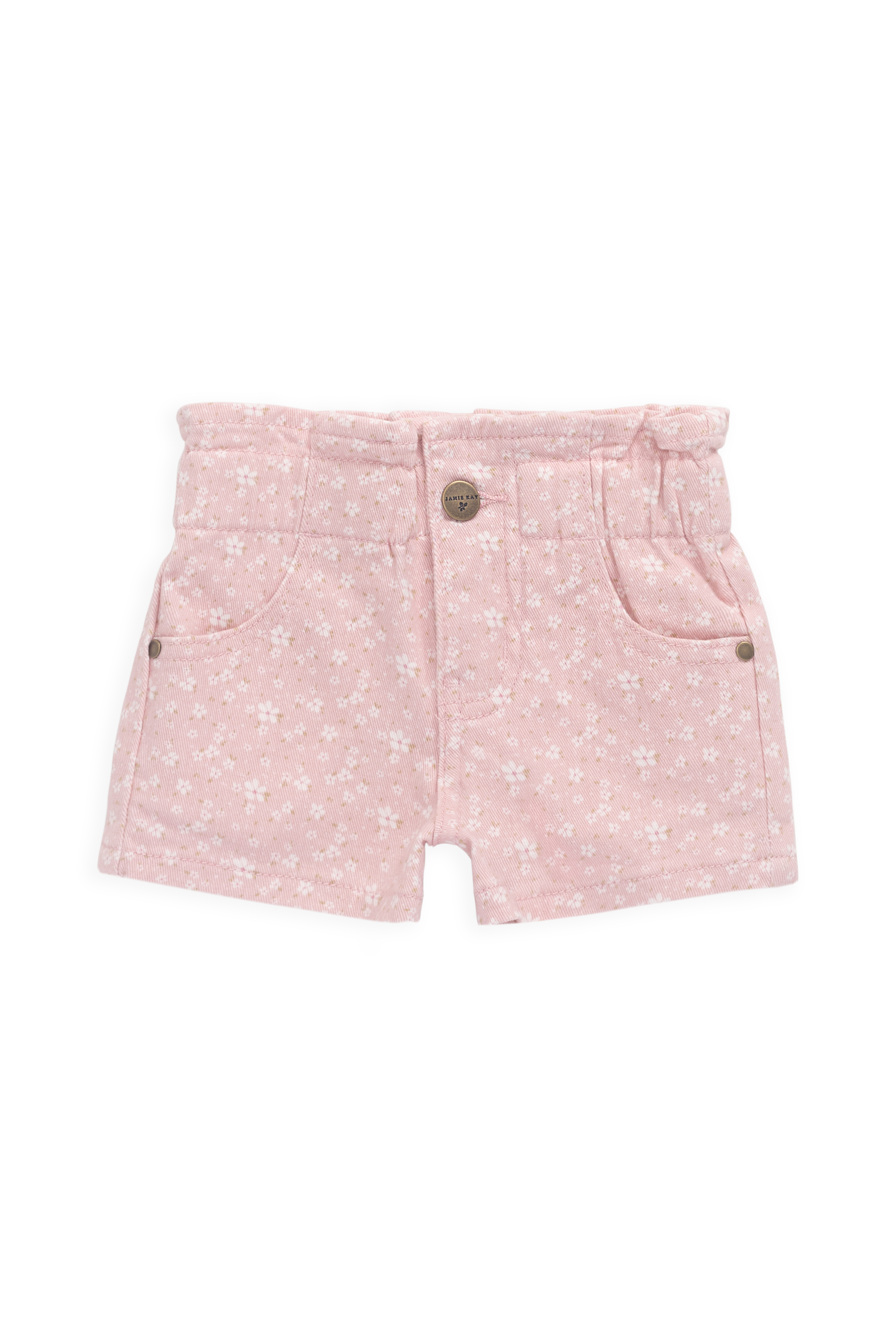Short en velours côtelé brodé, décontracté, rose poudré, en coton-élasthanne avec passants de ceinture et poches avant pour filles Printemps-Été (6M–10A)