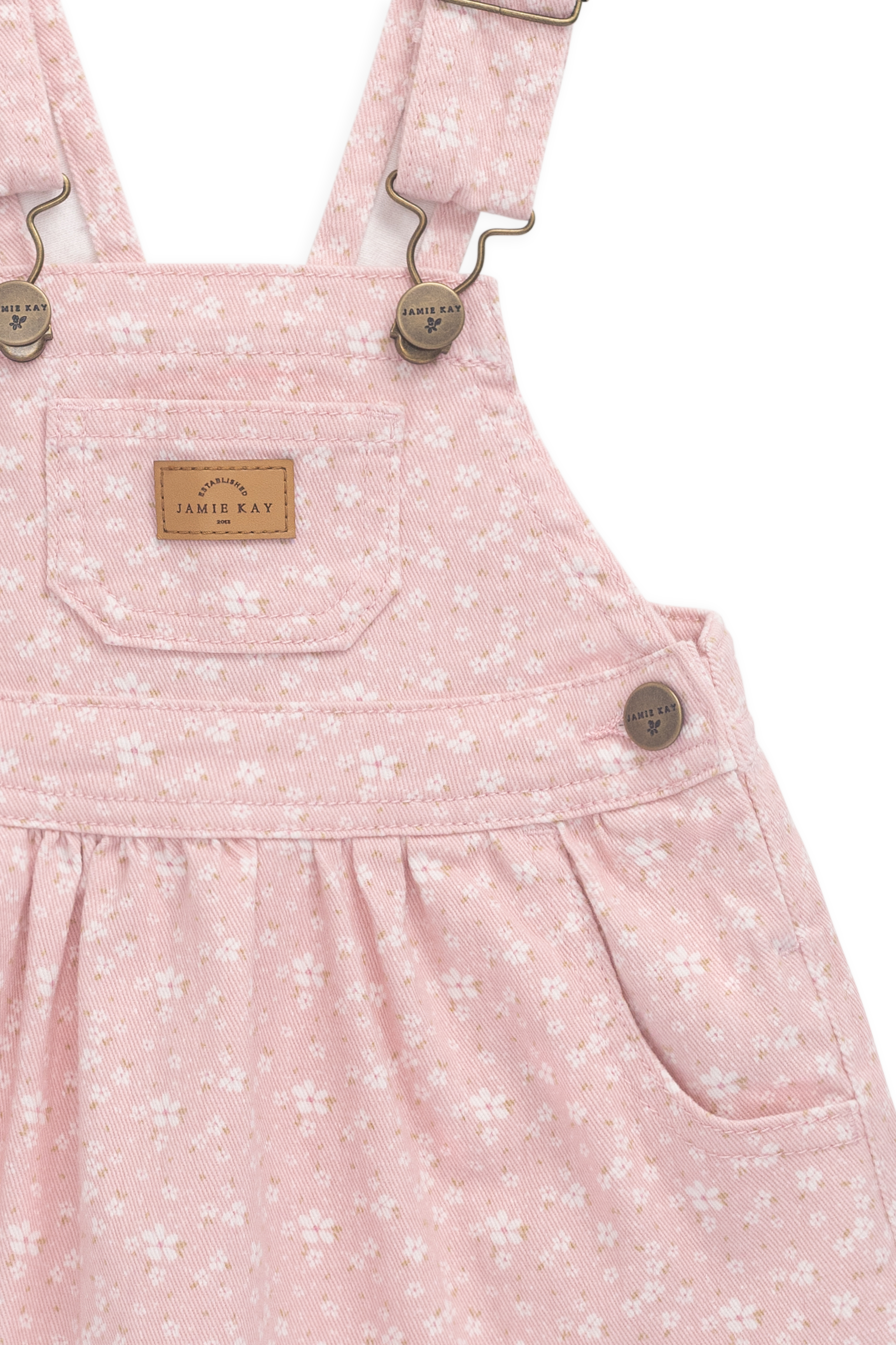 Robe Salopette Vintage Rose Poudré Brodé en Coton-Élasthanne avec Bretelles Ajustables & Poche Bavette à l'Avant pour Filles Printemps-Été (6M–8A)