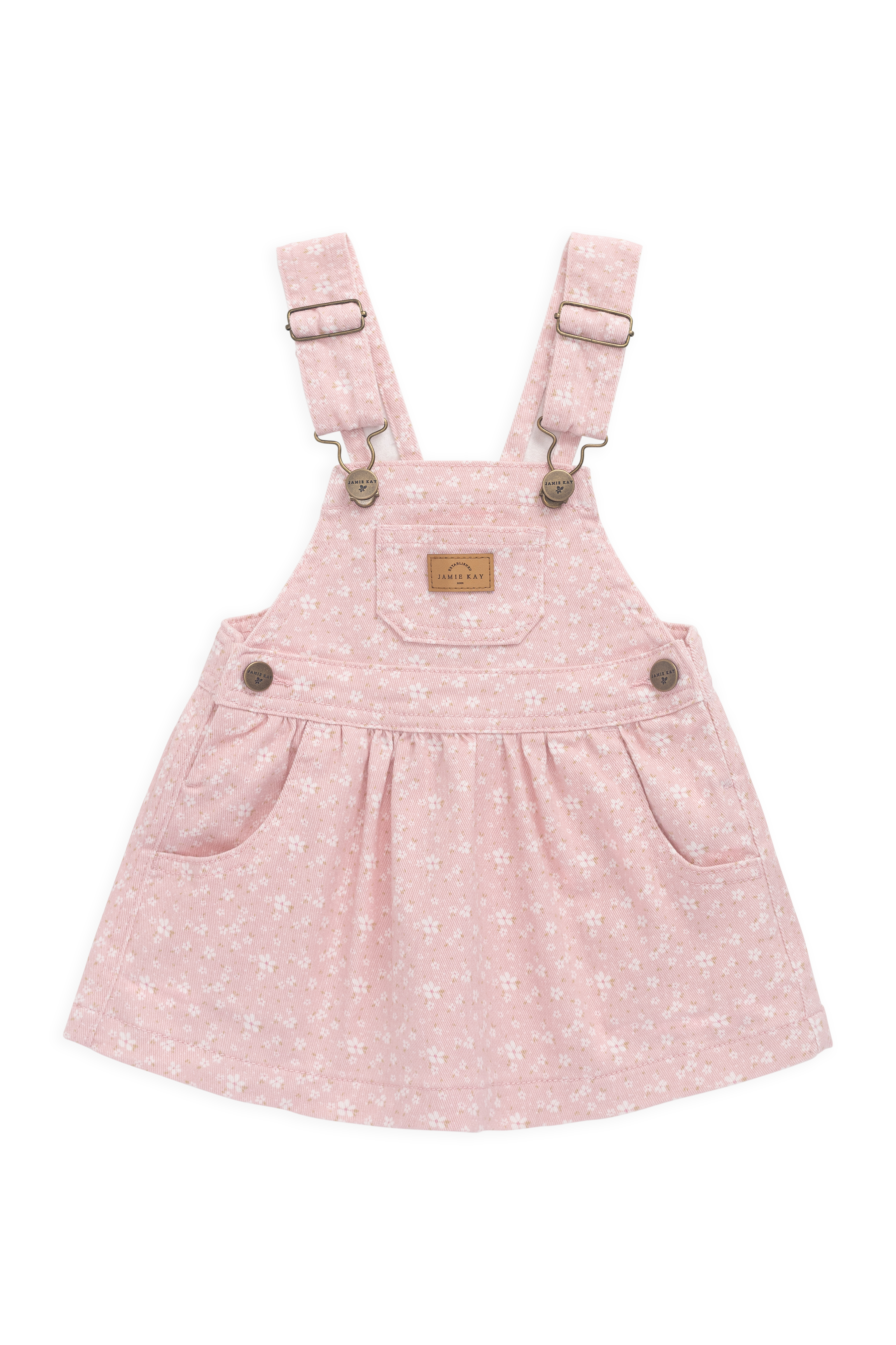Robe Salopette Vintage Rose Poudré Brodé en Coton-Élasthanne avec Bretelles Ajustables & Poche Bavette à l'Avant pour Filles Printemps-Été (6M–8A)