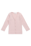 Cardigan côtelé minimaliste en coton bio et modal rose pâle avec col en V et boutons en noix de coco pour filles (0-10 ans)