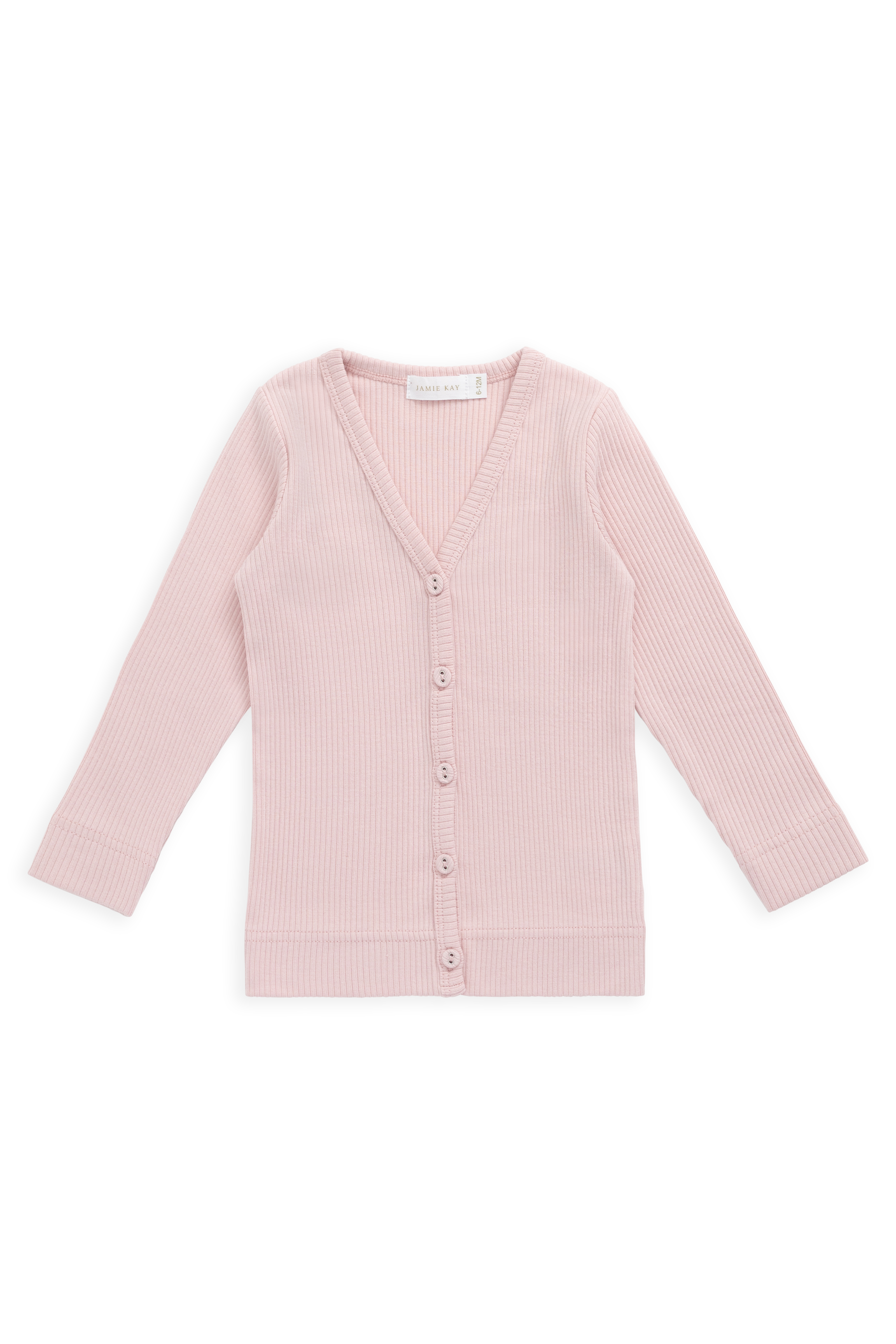Cardigan côtelé minimaliste en coton bio et modal rose pâle avec col en V et boutons en noix de coco pour filles (0-10 ans)