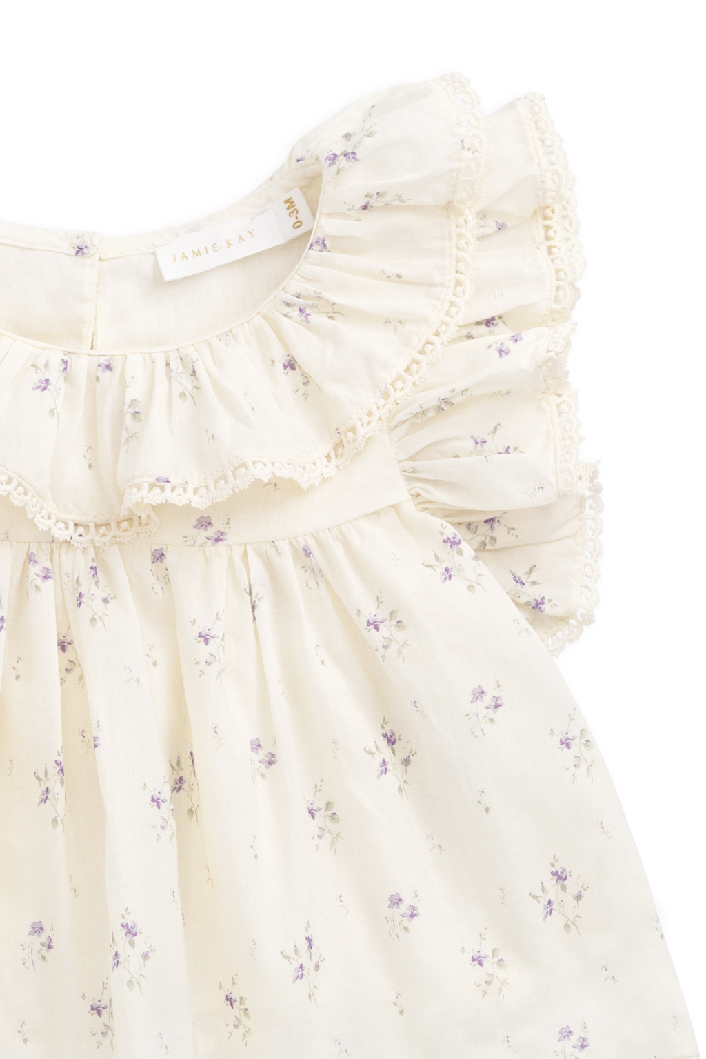 Blouse Fille en Coton Bio Crème et Imprimé Floral Lavande avec Col Volanté et Manches Papillon pour les Sorties Printanières-Estivales (0-10 ans)