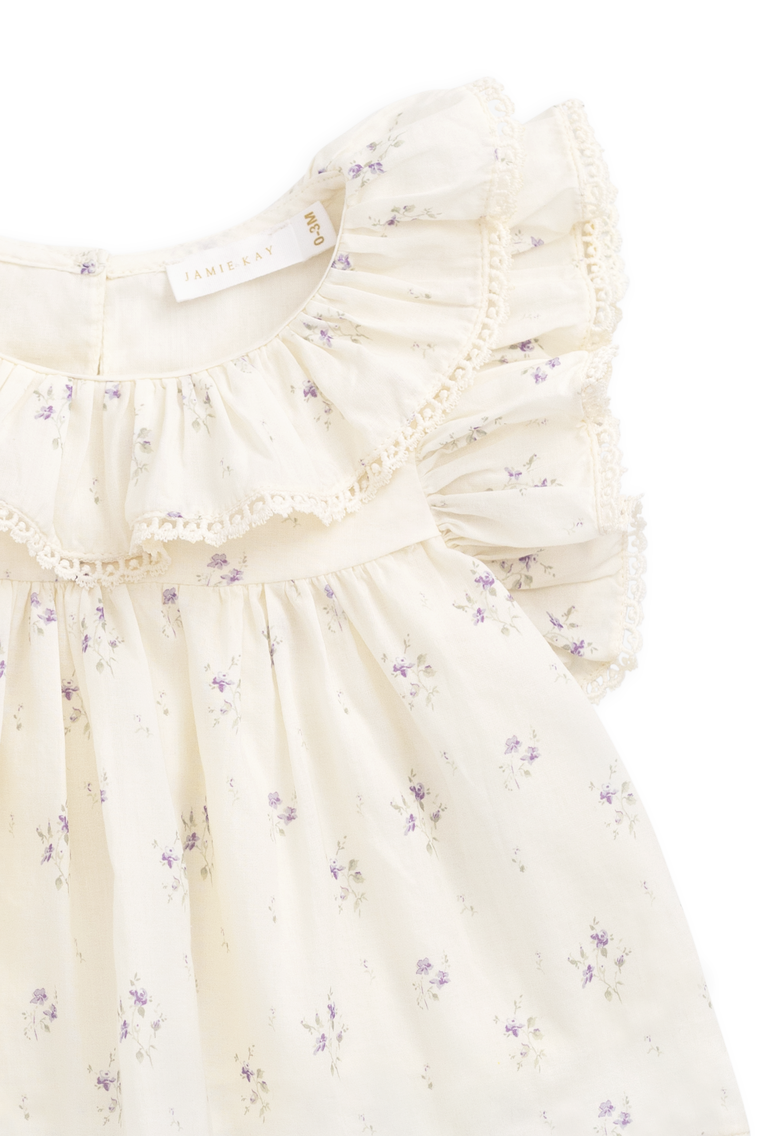 Blouse Fille en Coton Bio Crème et Imprimé Floral Lavande avec Col Volanté et Manches Papillon pour les Sorties Printanières-Estivales (0-10 ans)
