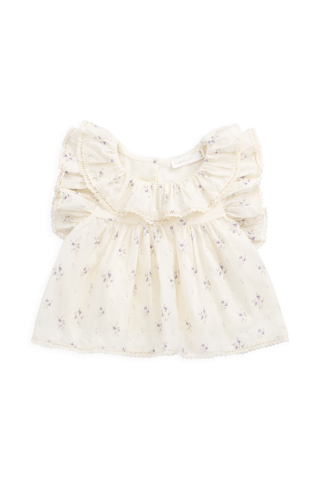 Blouse Fille en Coton Bio Crème et Imprimé Floral Lavande avec Col Volanté et Manches Papillon pour les Sorties Printanières-Estivales (0-10 ans)