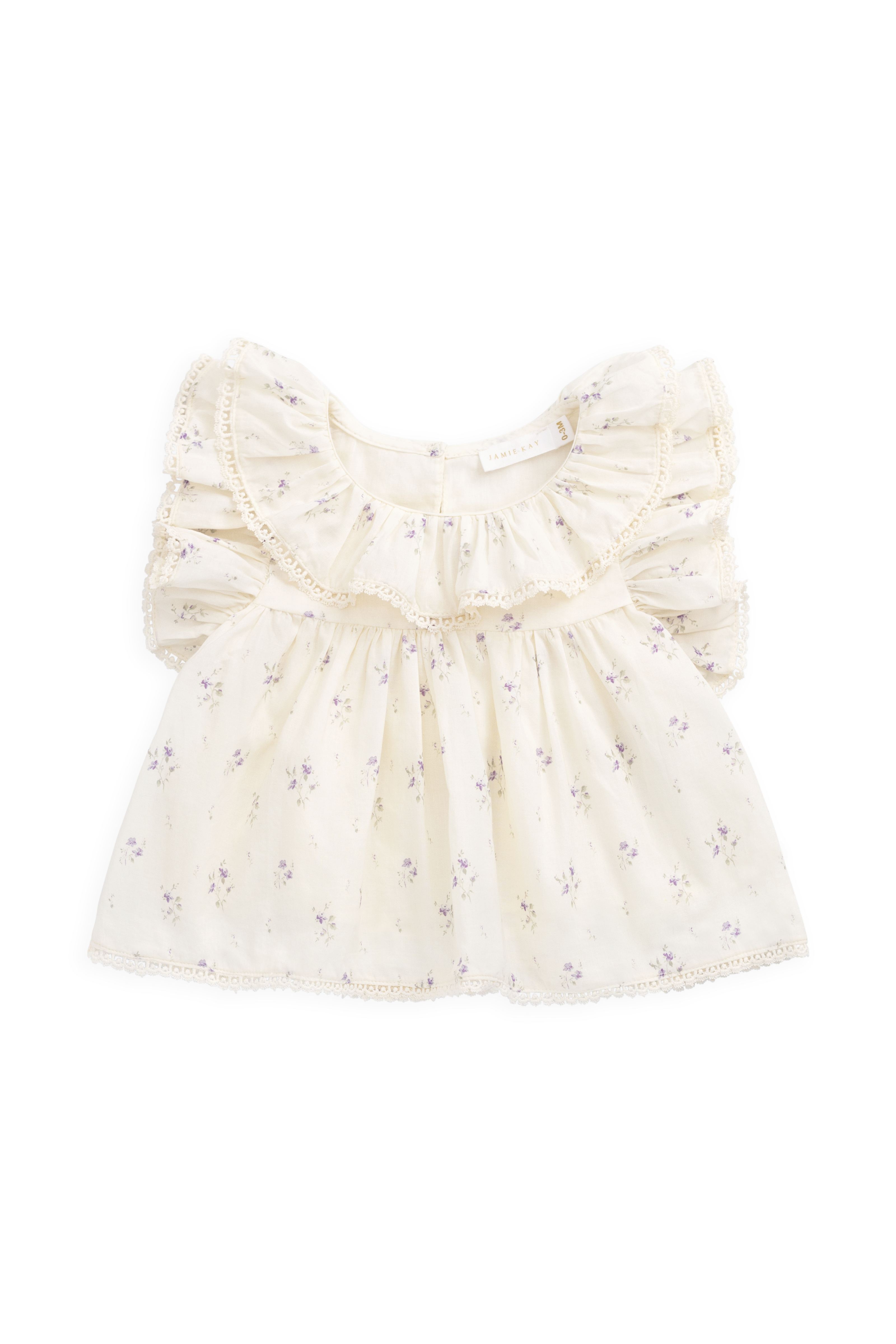 Blouse Fille en Coton Bio Crème et Imprimé Floral Lavande avec Col Volanté et Manches Papillon pour les Sorties Printanières-Estivales (0-10 ans)