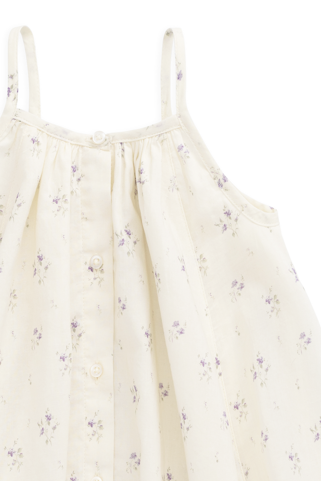 Robe à fines bretelles et jupe froncée en coton biologique imprimé floral « Crème de Jardin & Lavande » pour filles, idéale pour les sorties estivales (6M-10A)