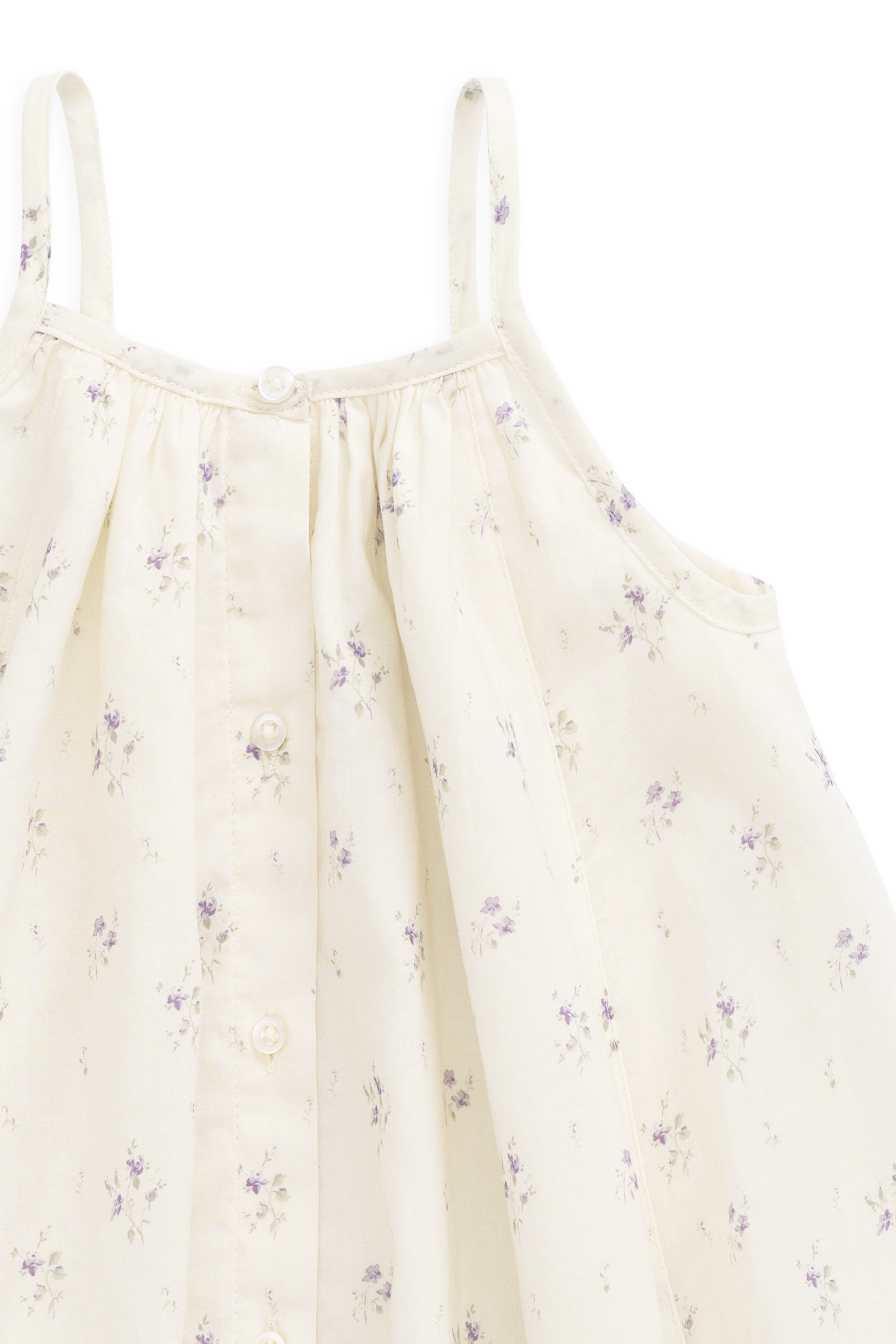 Robe à fines bretelles et jupe froncée en coton biologique imprimé floral « Crème de Jardin & Lavande » pour filles, idéale pour les sorties estivales (6M-10A)