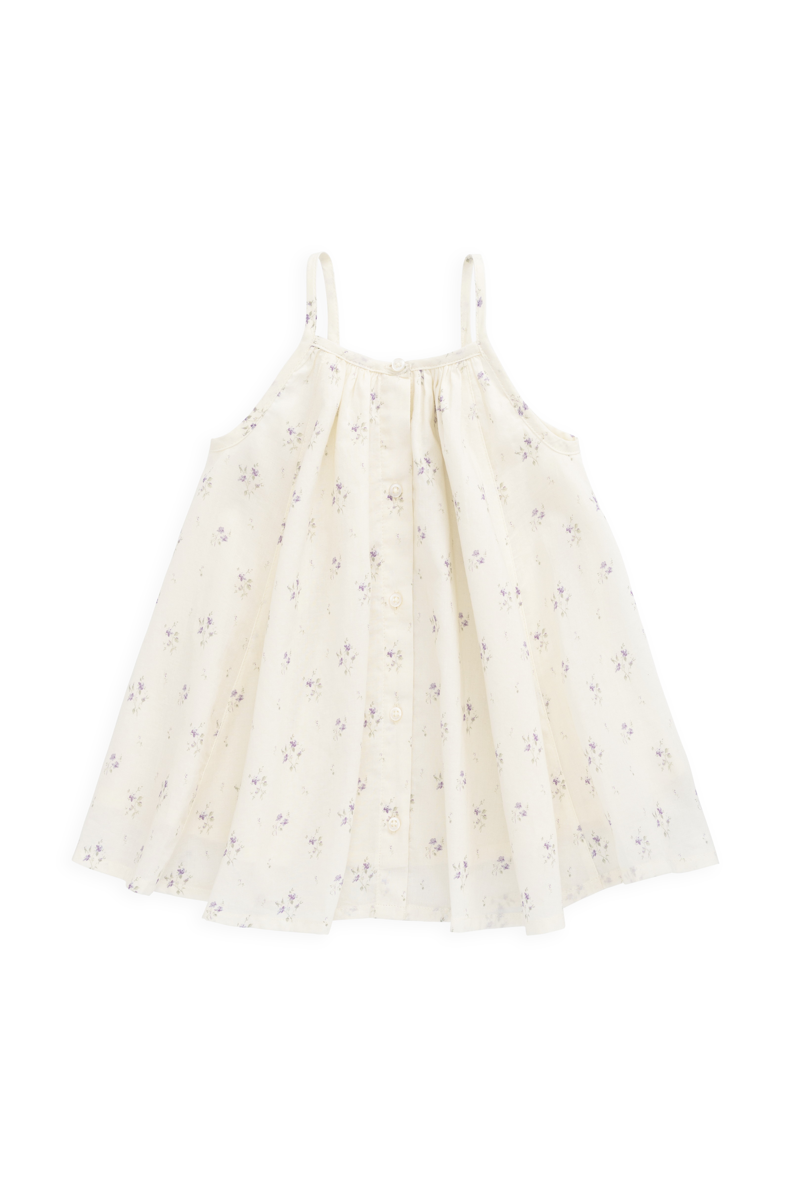 Robe à fines bretelles et jupe froncée en coton biologique imprimé floral « Crème de Jardin & Lavande » pour filles, idéale pour les sorties estivales (6M-10A)