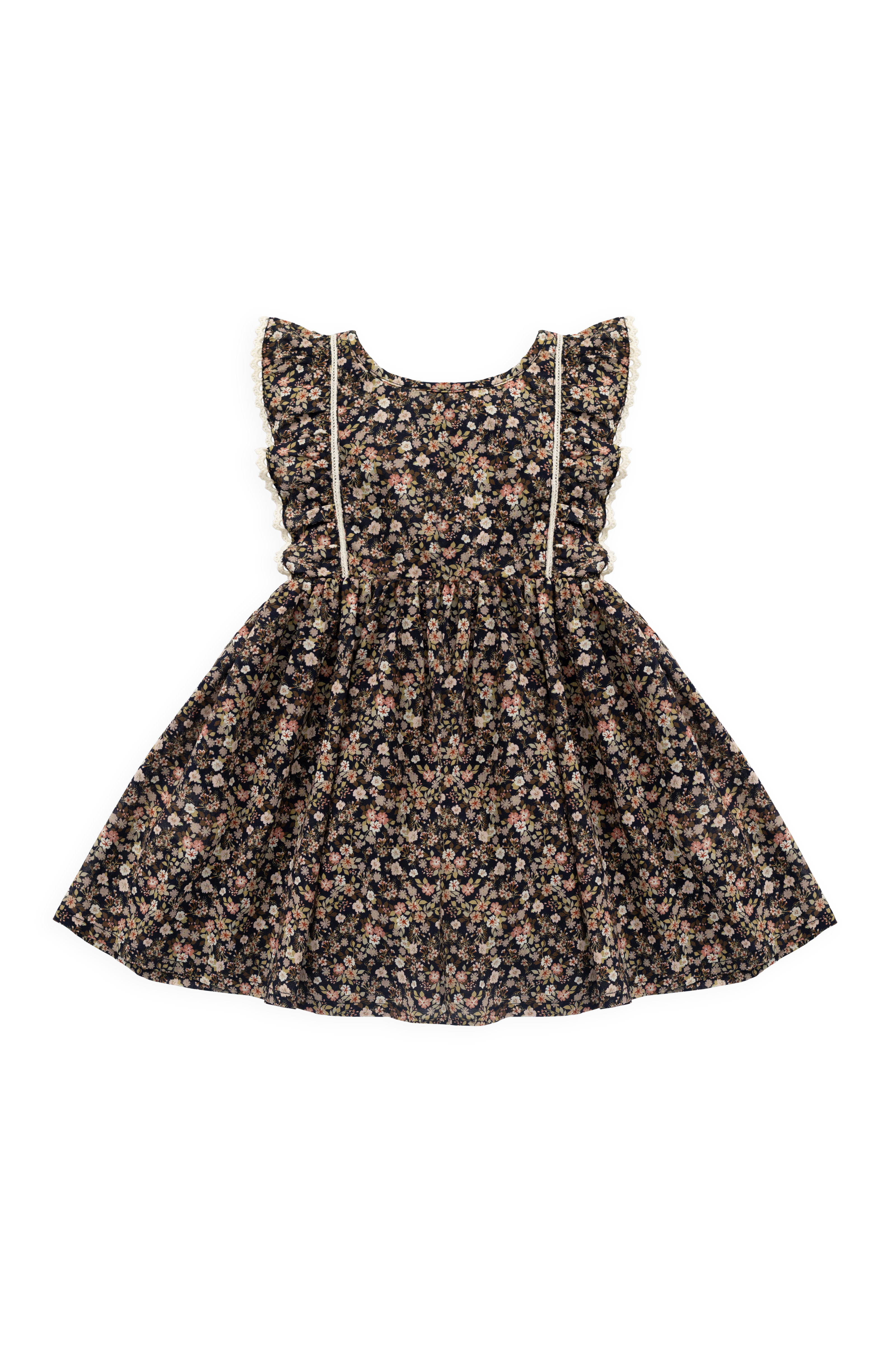 Robe en coton biologique avec motifs floraux d'inspiration rétro, à manches volantées et finitions délicates, pour filles (6 mois-10 ans), idéale pour le quotidien et les sorties.