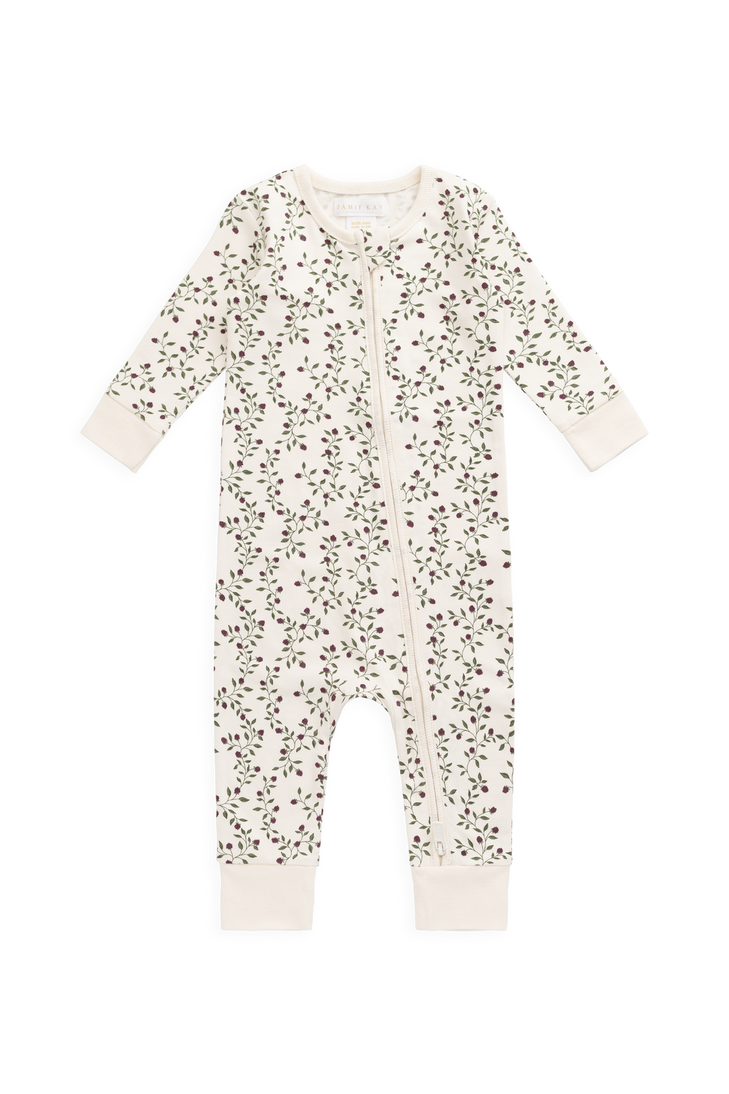 Combinaison Bébé en Coton Bio-Élasthanne Crème Botanique Mûrier Floral avec Zip Avant et Poignets Côtelés pour Dormir et Jouer (0-3A)