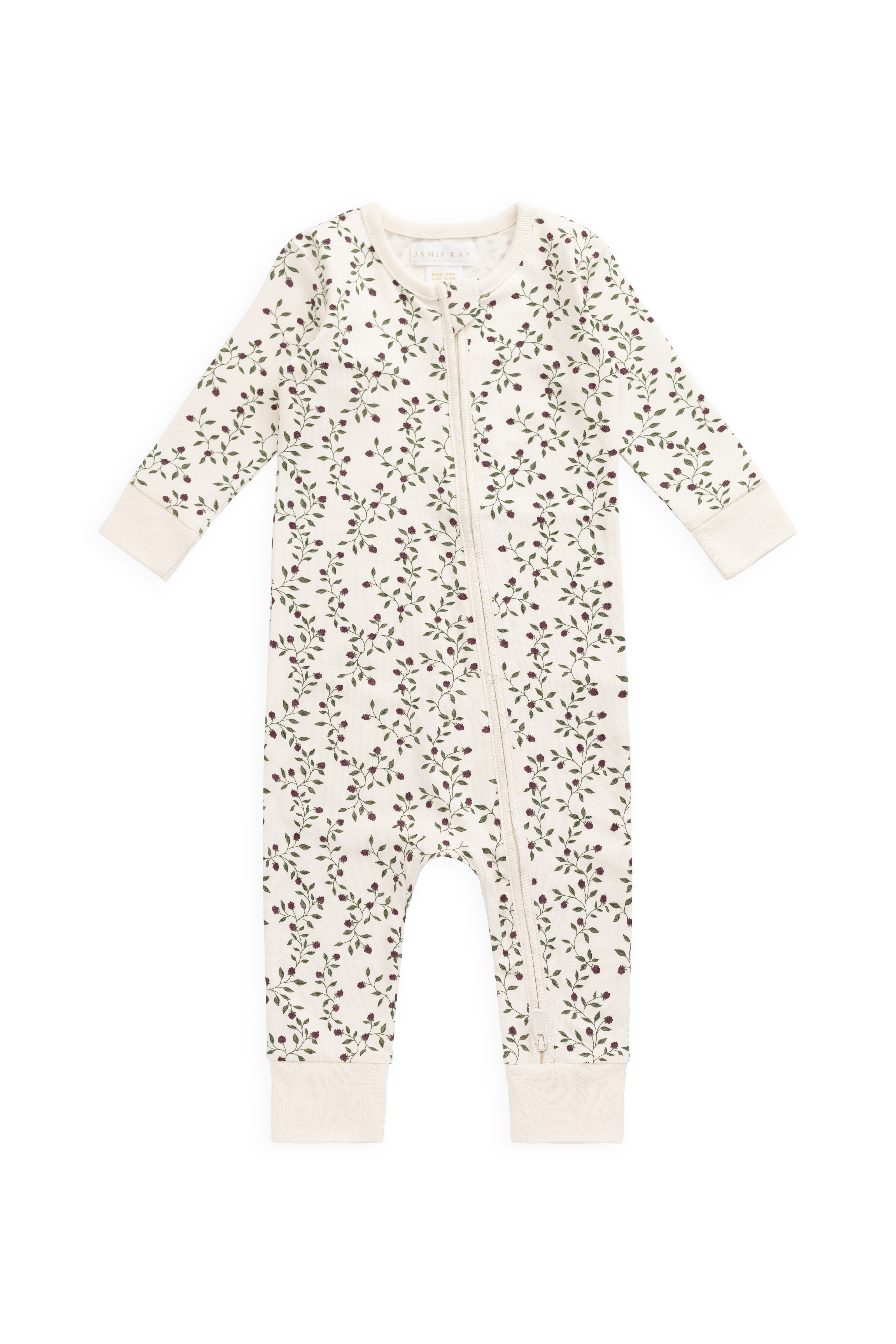 Combinaison Bébé en Coton Bio-Élasthanne Crème Botanique Mûrier Floral avec Zip Avant et Poignets Côtelés pour Dormir et Jouer (0-3A)