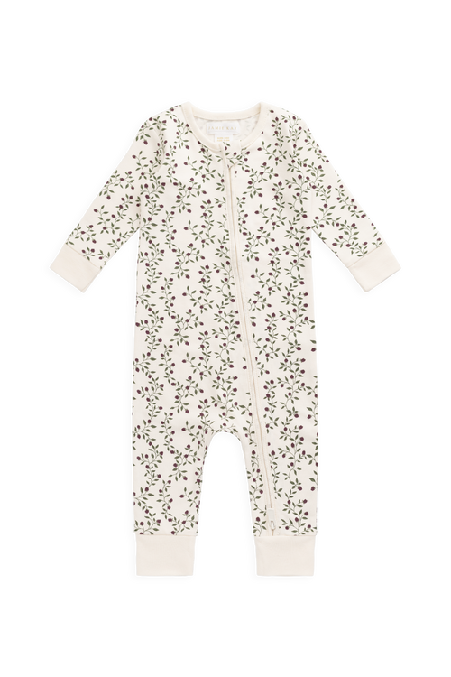 Combinaison Bébé en Coton Bio-Élasthanne Crème Botanique Mûrier Floral avec Zip Avant et Poignets Côtelés pour Dormir et Jouer (0-3A)