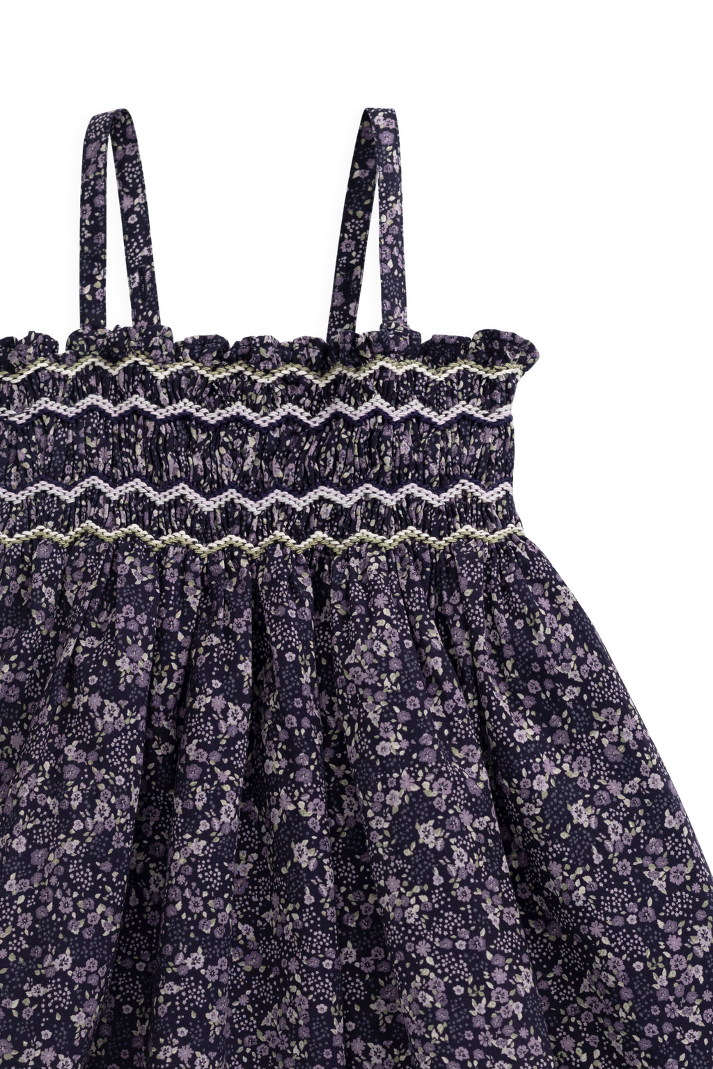 Robe Fille Bohème en Coton Bio Imprimé Floral Violet à Base Profonde, Corps Froncé et Bretelles Fines pour Sorties Estivales (6M–10Y)