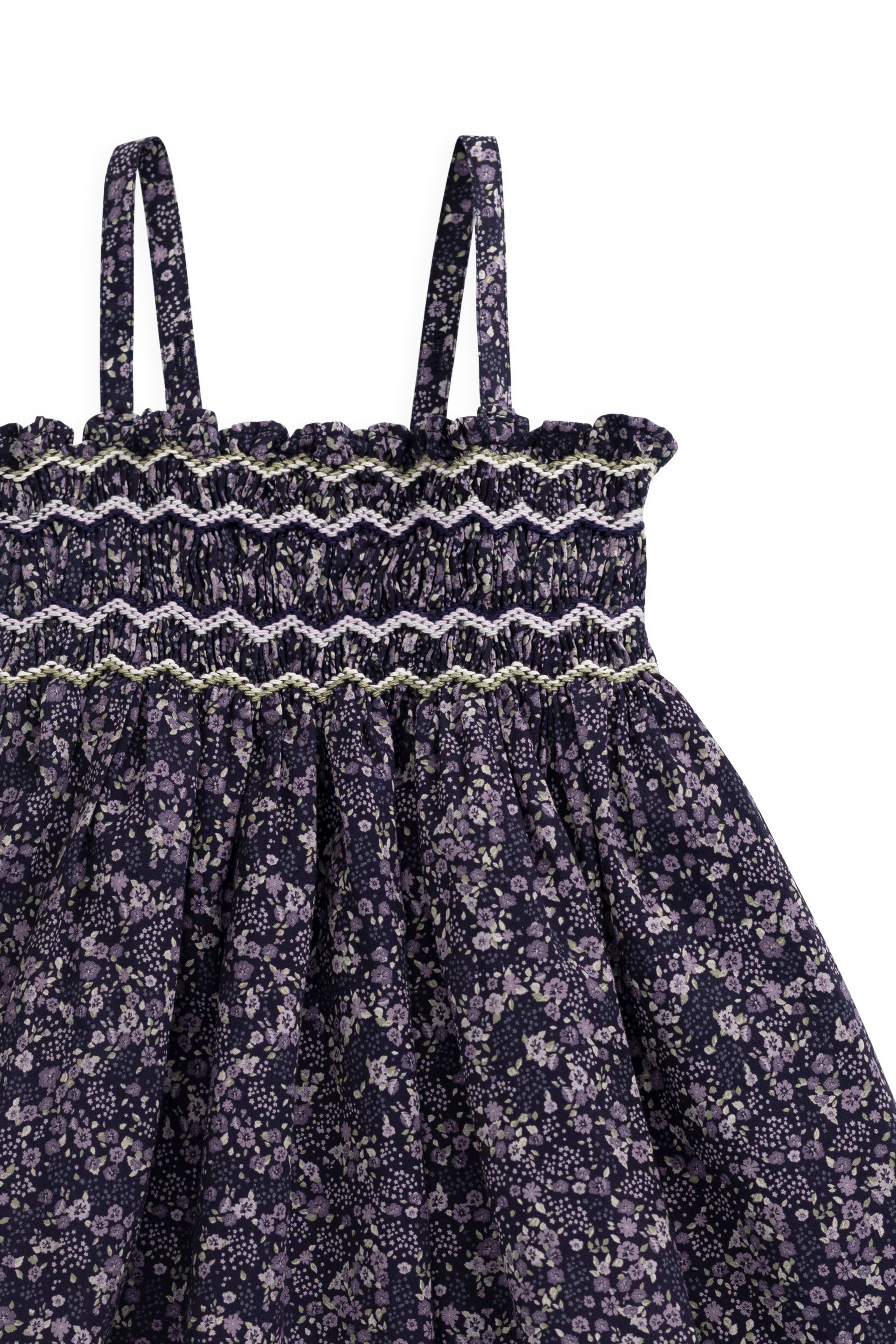 Robe Fille Bohème en Coton Bio Imprimé Floral Violet à Base Profonde, Corps Froncé et Bretelles Fines pour Sorties Estivales (6M–10Y)