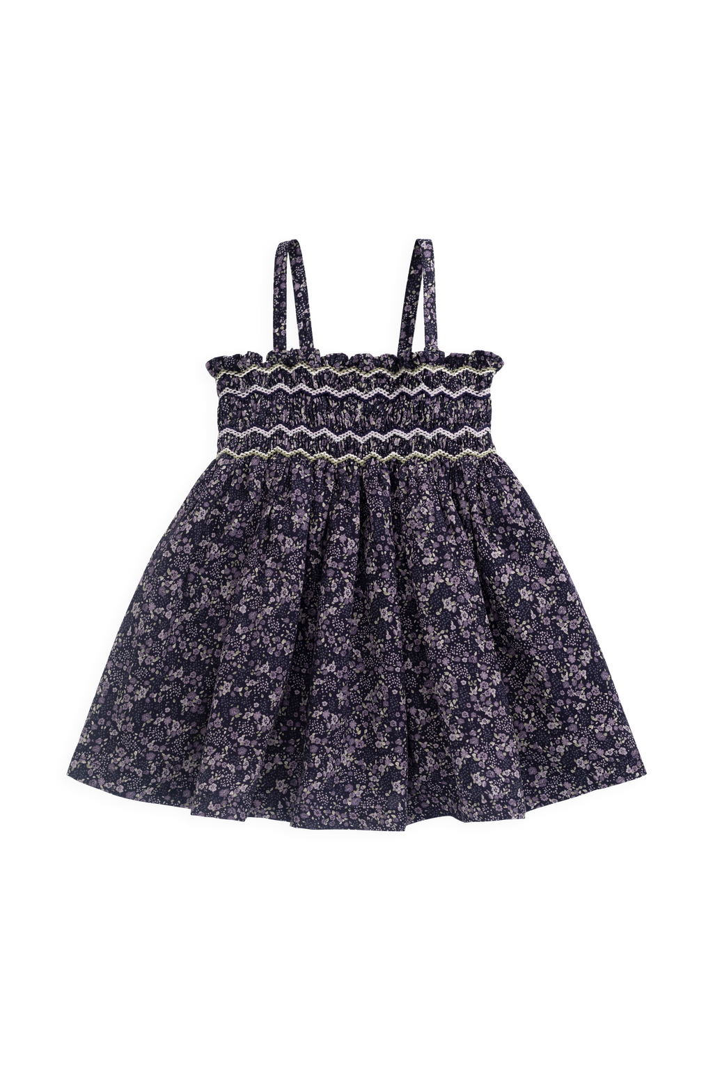 Robe Fille Bohème en Coton Bio Imprimé Floral Violet à Base Profonde, Corps Froncé et Bretelles Fines pour Sorties Estivales (6M–10Y)