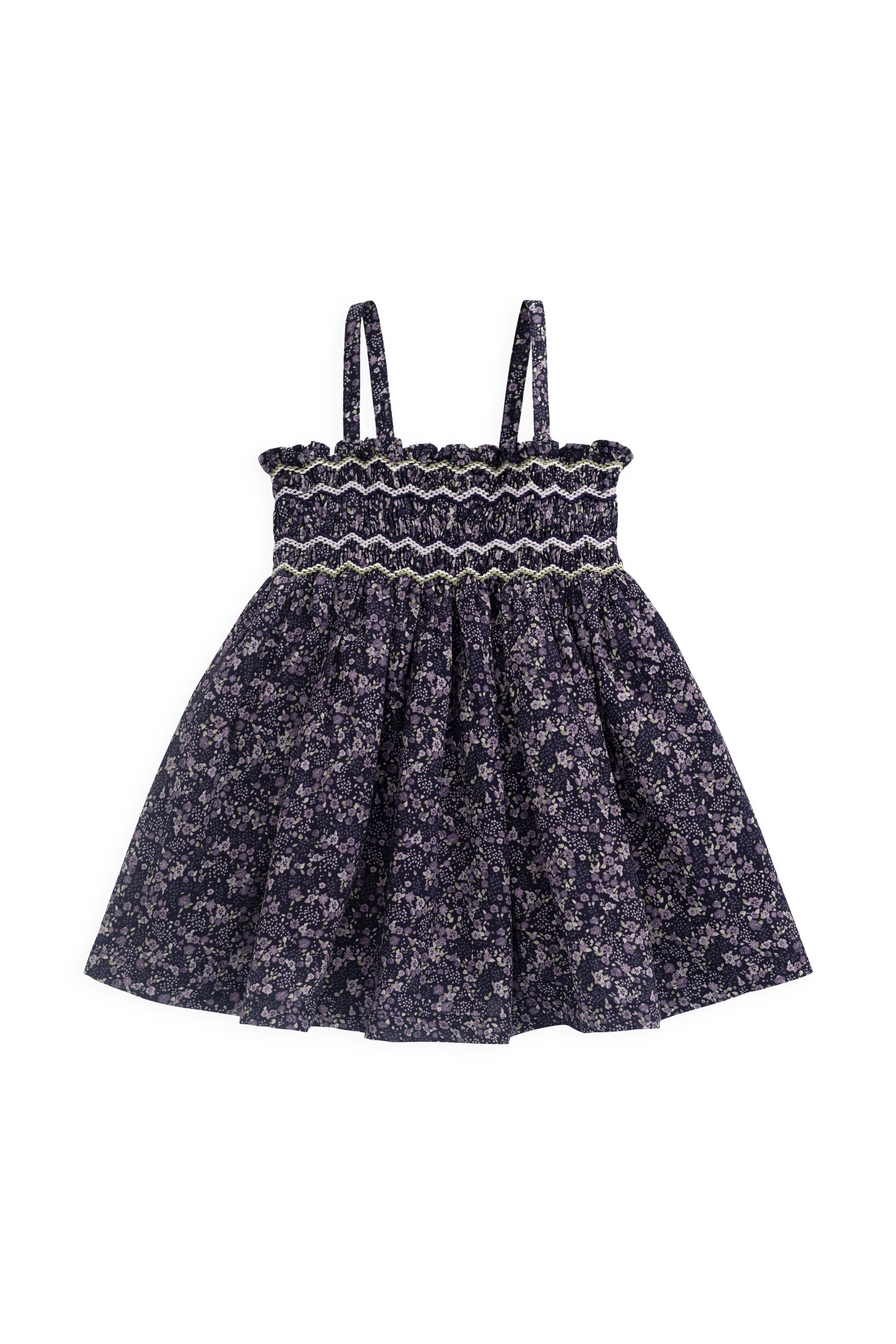 Robe Fille Bohème en Coton Bio Imprimé Floral Violet à Base Profonde, Corps Froncé et Bretelles Fines pour Sorties Estivales (6M–10Y)