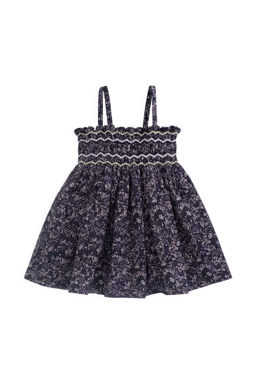 Robe Fille Bohème en Coton Bio Imprimé Floral Violet à Base Profonde, Corps Froncé et Bretelles Fines pour Sorties Estivales (6M–10Y)