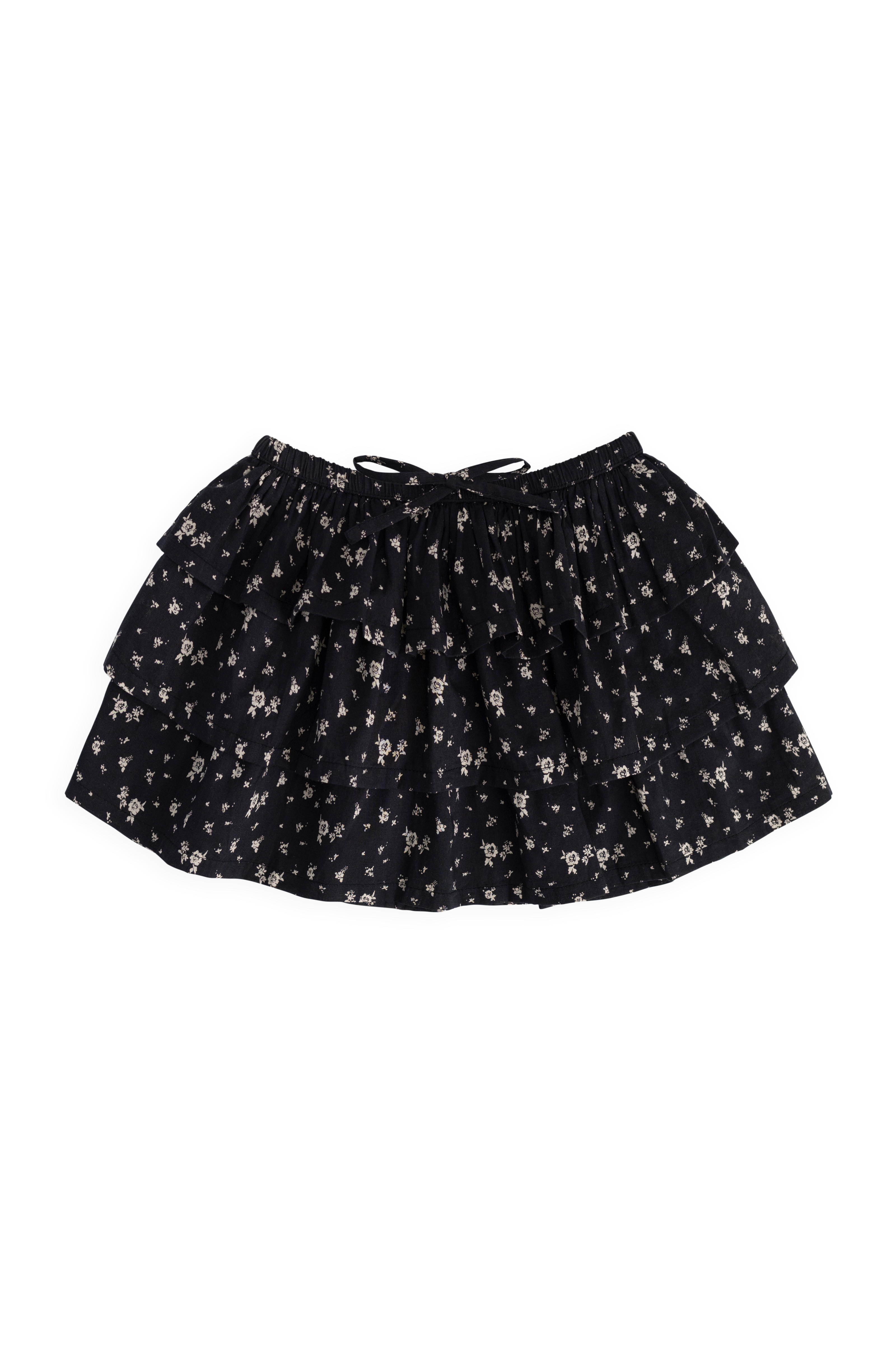 Jupe étagée en coton biologique à imprimé floral diffus Botanical Graphite avec volants et taille élastiquée à nouer pour filles Printemps-Été (1-10 ans)