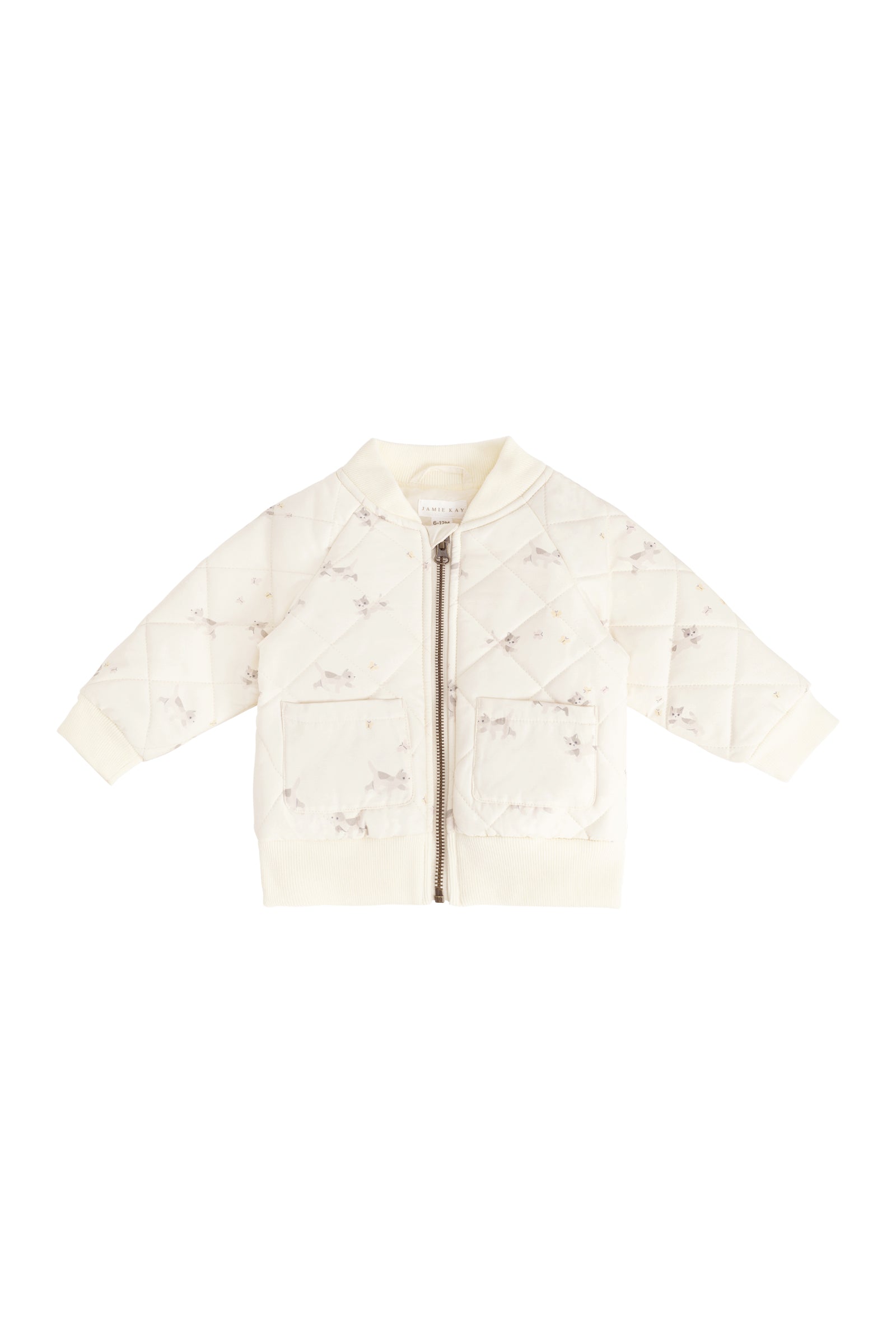 Blouson en nylon-coton recyclé imprimé chaton « Murmure ludique » avec doublure en polyester recyclé pour enfants (6M-10A) – Vêtement d’extérieur du quotidien