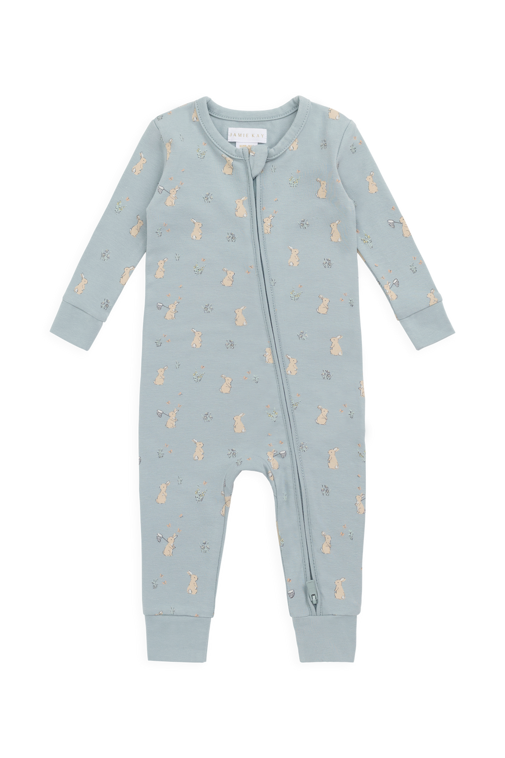 Combinaison Une-pièce en coton biologique et élasthanne à imprimé Lapin Bleu Fantaisiste avec fermeture Éclair intégrale sur le devant pour Bébé au quotidien (0-3 ans)