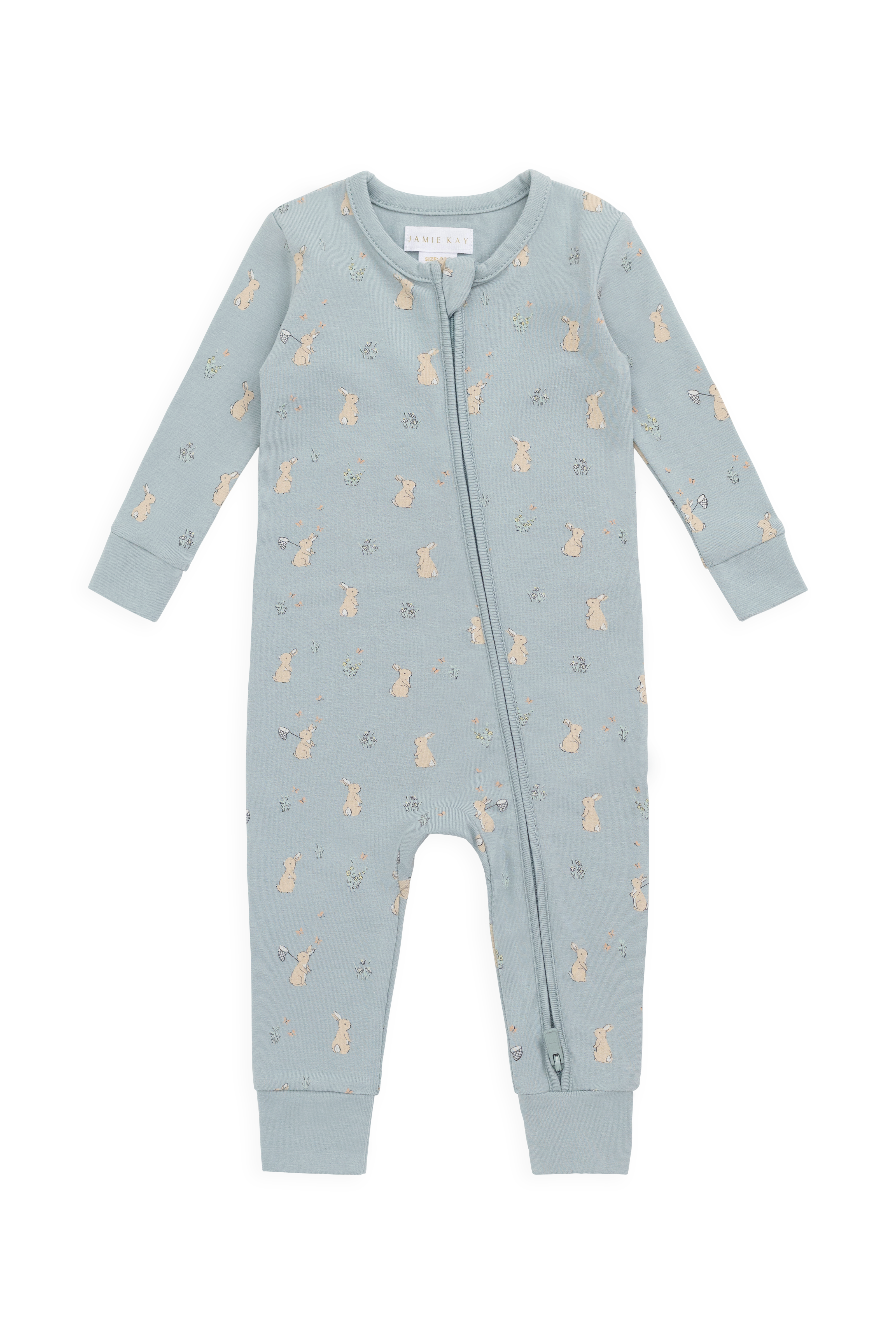 Combinaison Une-pièce en coton biologique et élasthanne à imprimé Lapin Bleu Fantaisiste avec fermeture Éclair intégrale sur le devant pour Bébé au quotidien (0-3 ans)