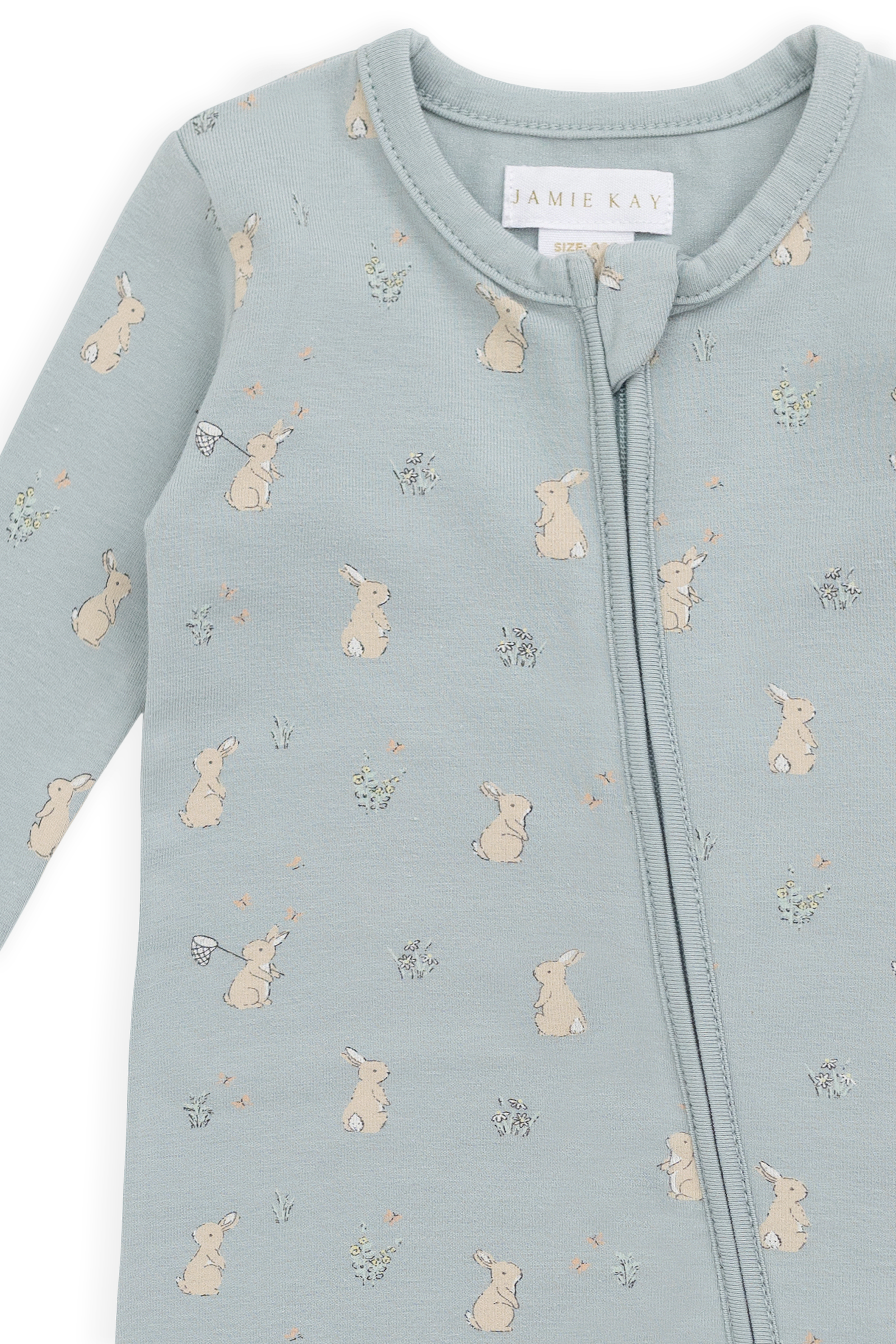 Combinaison Une-pièce en coton biologique et élasthanne à imprimé Lapin Bleu Fantaisiste avec fermeture Éclair intégrale sur le devant pour Bébé au quotidien (0-3 ans)