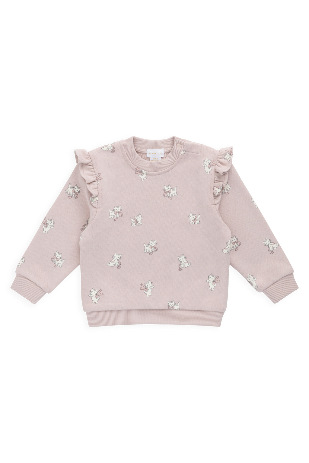 Sweat-shirt en coton biologique rose mauve avec imprimé chat nœud et détail volanté aux épaules pour filles, idéal au quotidien automne-hiver (6 mois – 10 ans)