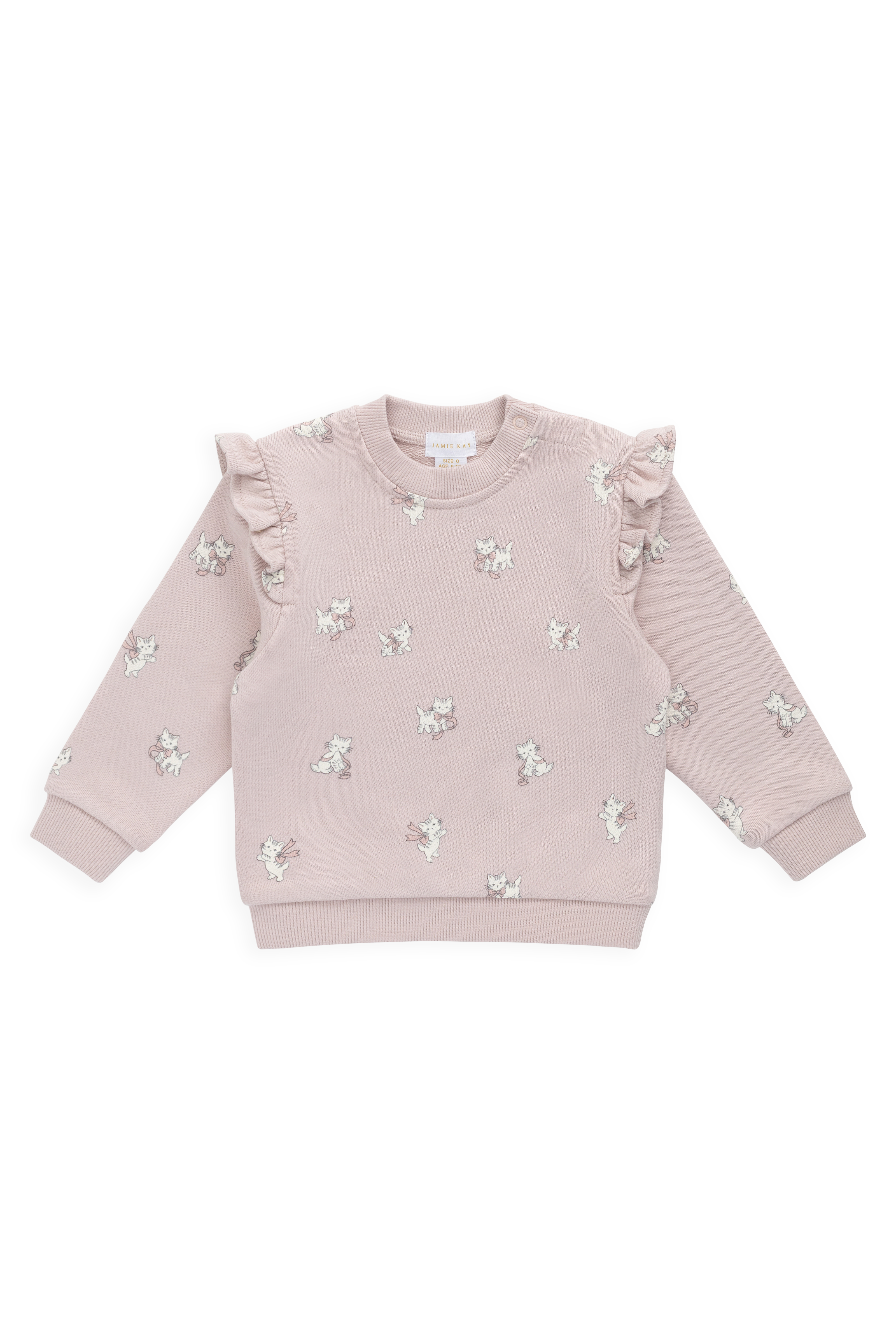 Sweat-shirt en coton biologique rose mauve avec imprimé chat nœud et détail volanté aux épaules pour filles, idéal au quotidien automne-hiver (6 mois – 10 ans)