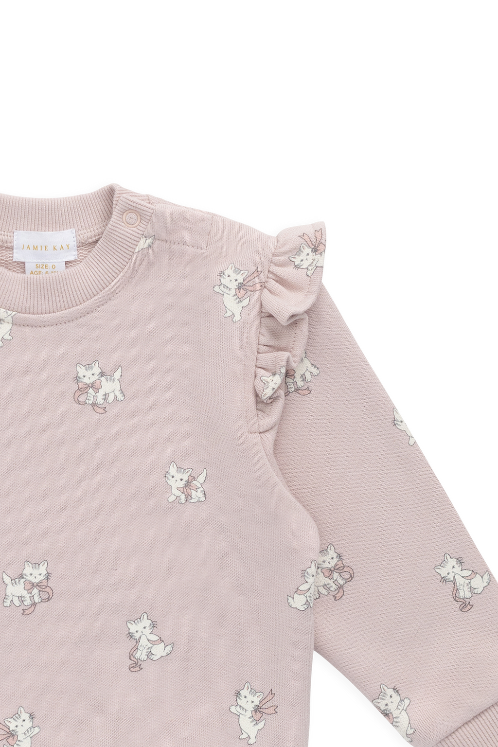 Sweat-shirt en coton biologique rose mauve avec imprimé chat nœud et détail volanté aux épaules pour filles, idéal au quotidien automne-hiver (6 mois – 10 ans)