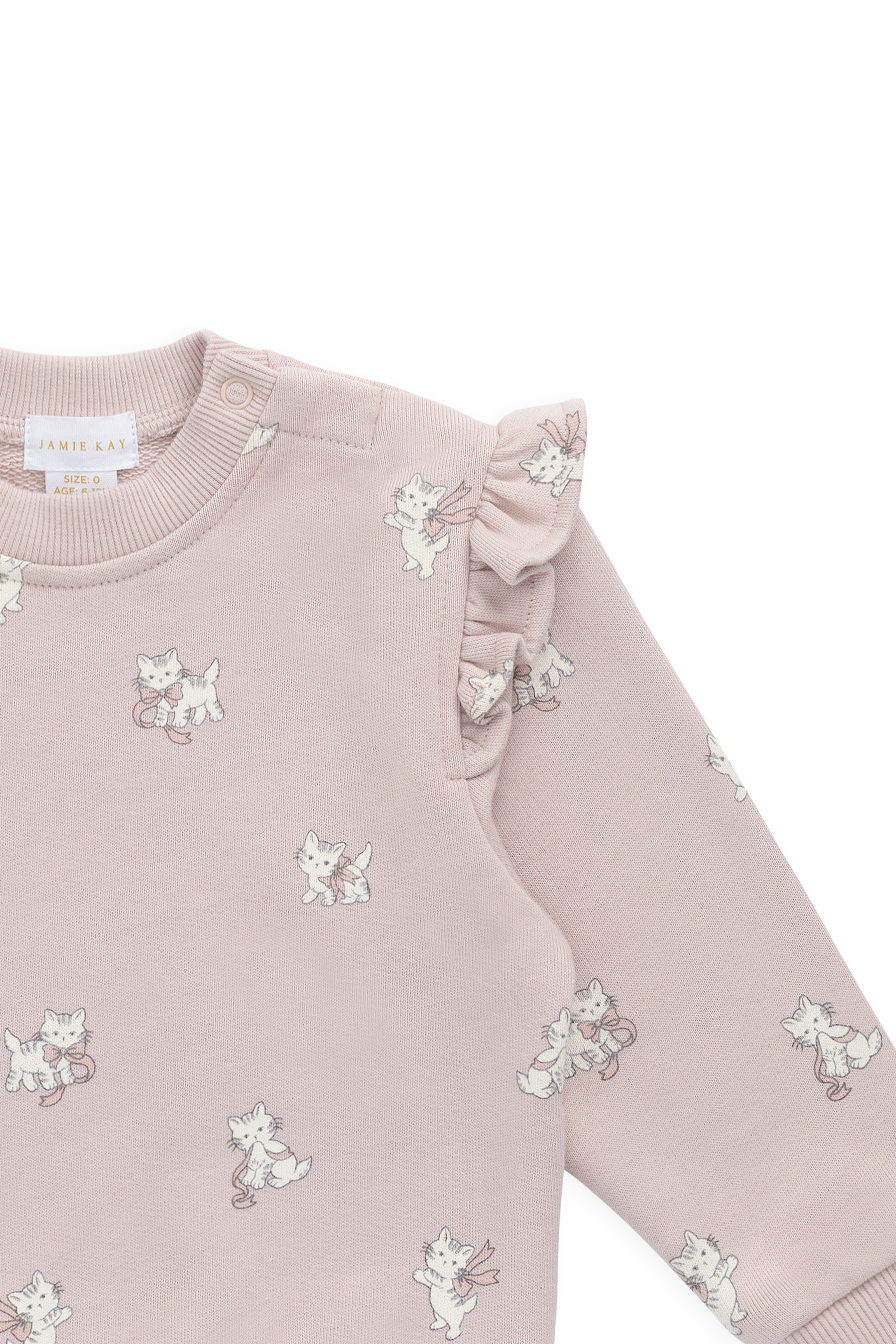 Sweat-shirt en coton biologique rose mauve avec imprimé chat nœud et détail volanté aux épaules pour filles, idéal au quotidien automne-hiver (6 mois – 10 ans)