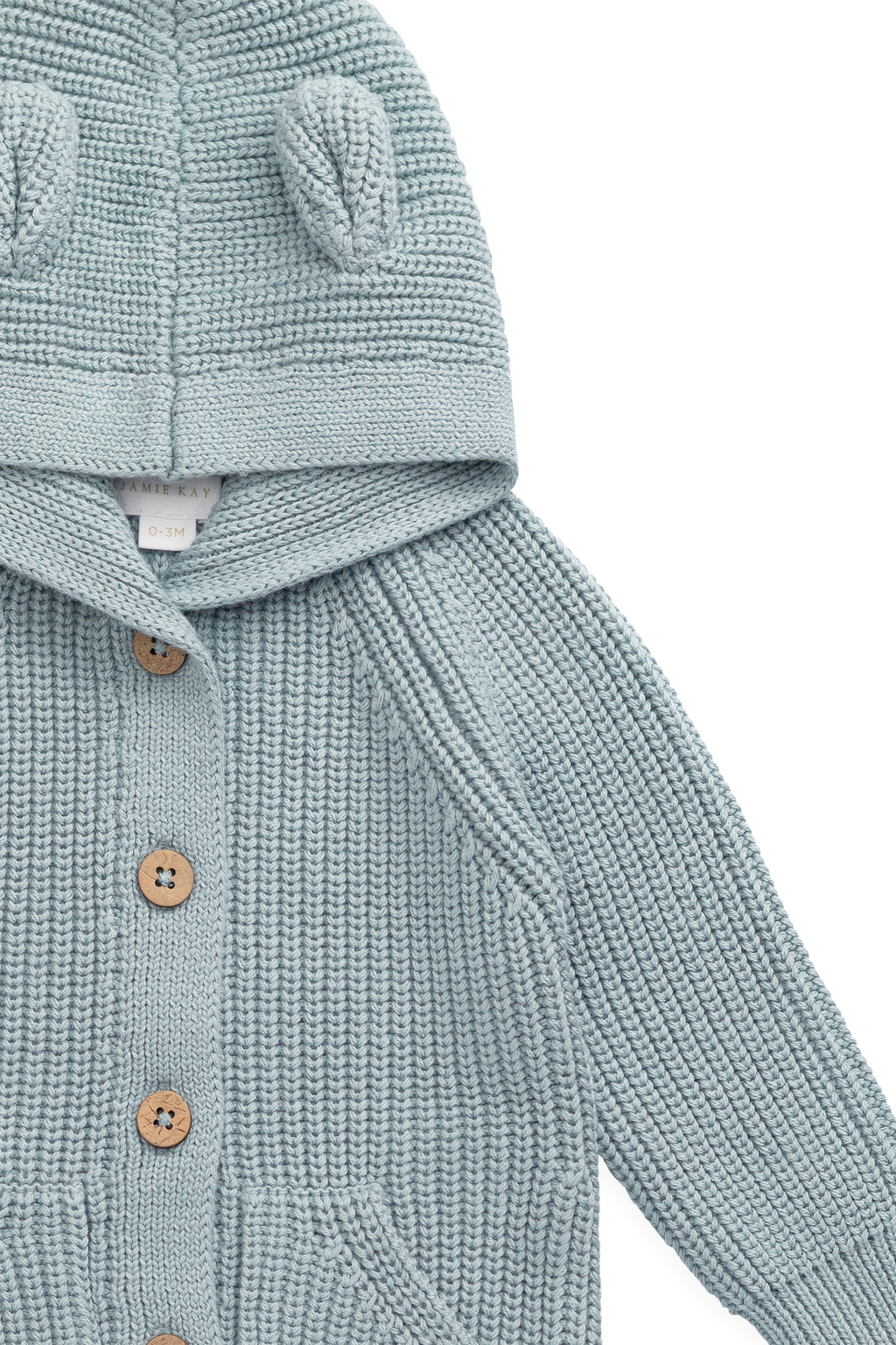 Grenouillère en tricot de coton bleu clair ludique avec capuche oreilles d'ours, boutons sur le devant et poches avant pour bébé automne-hiver (0-3 ans)